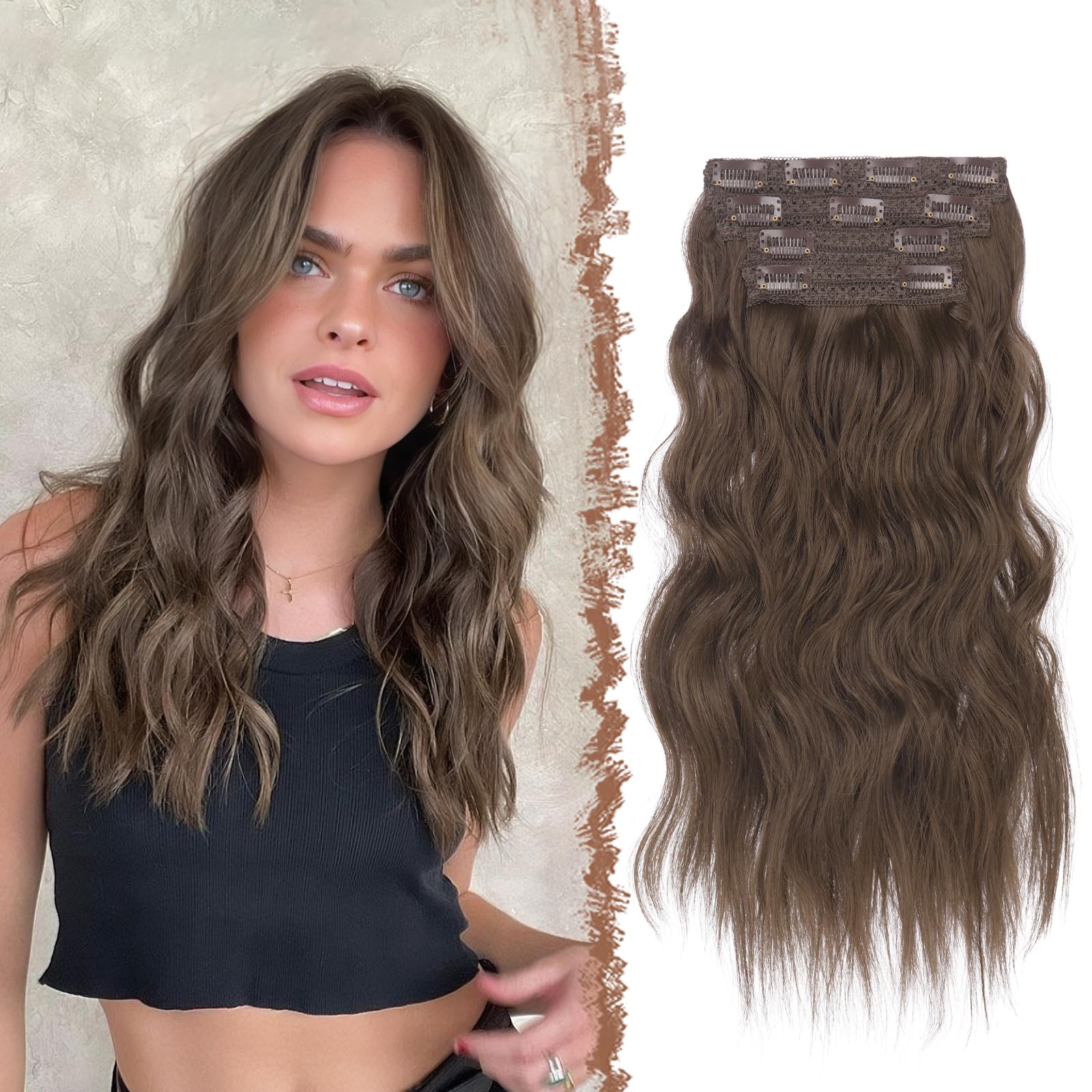 FESHFEN Clip in Hair Extensions 4PCs Long Wavy Thick Hair Piece Highlighted Full Head Synthetic Natural Curly Chestnut Brown Extension for Women 16 Inch