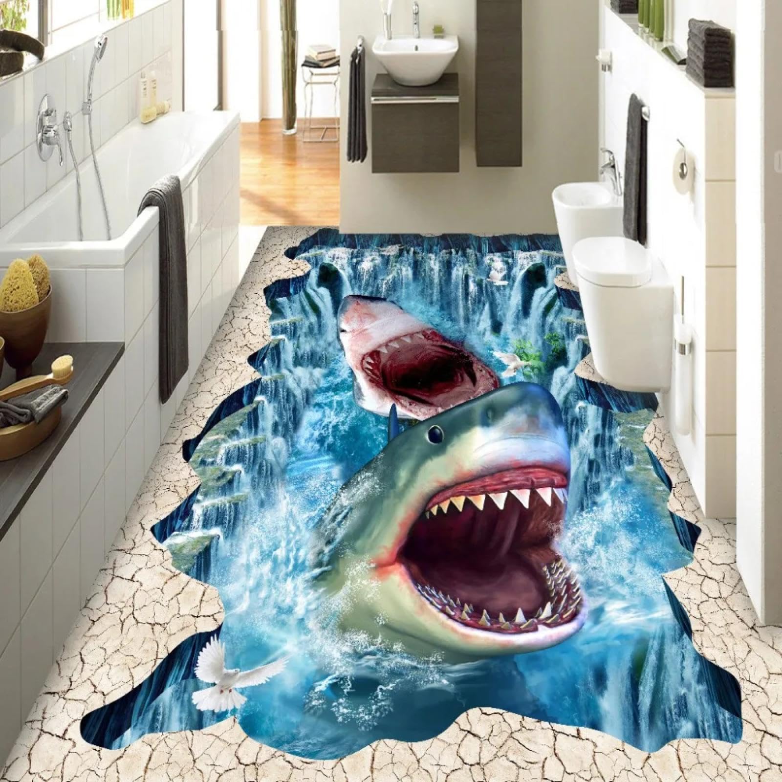 HAN MAN XIU Self-Adhesive 3D Mural Stickers for Floor Tiles, Creative Seascape, Shark, Pigeon, Bedroom, Bathroom Art Decoration murals