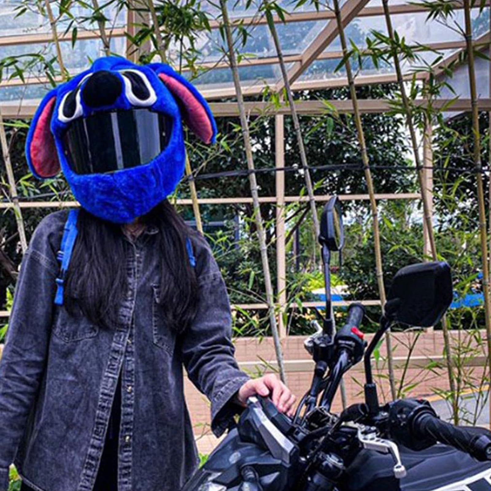 Housse de casque de moto pour homme et femme, housse en peluche, motif dessin animé, intéressant, bleu (casque non inclus)