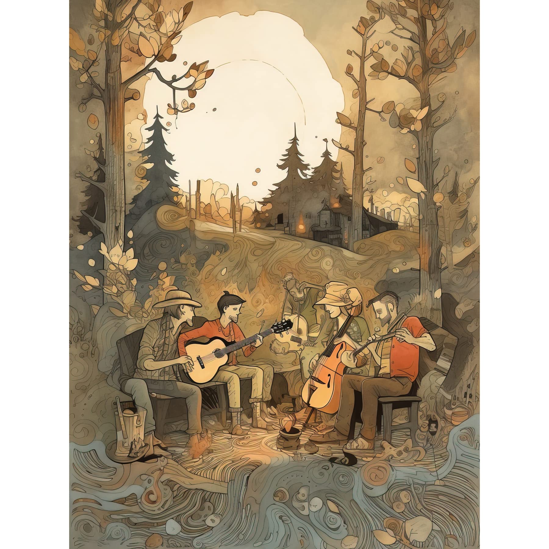 Artery8 Countryside Folk Band Musicians Playing Music in the Forest at Sunset Modern Watercolour Painting Unframed Art Print Poster Wall Decor 12x16 inch