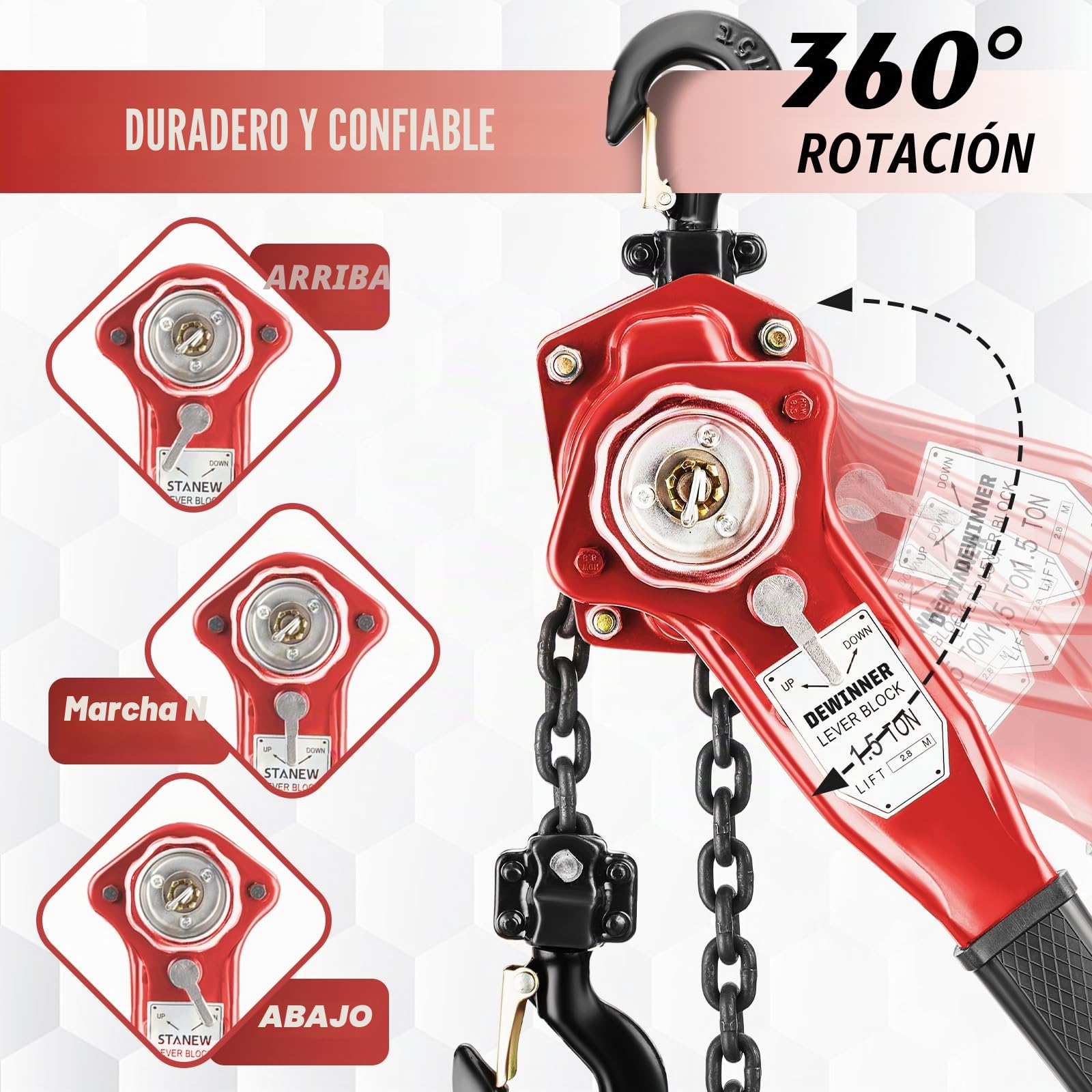 Polipasto manual de palanca de 1,5 toneladas, altura de elevación 2,8 m, cadena G80 de acero al carbono, gancho orientable a 360°