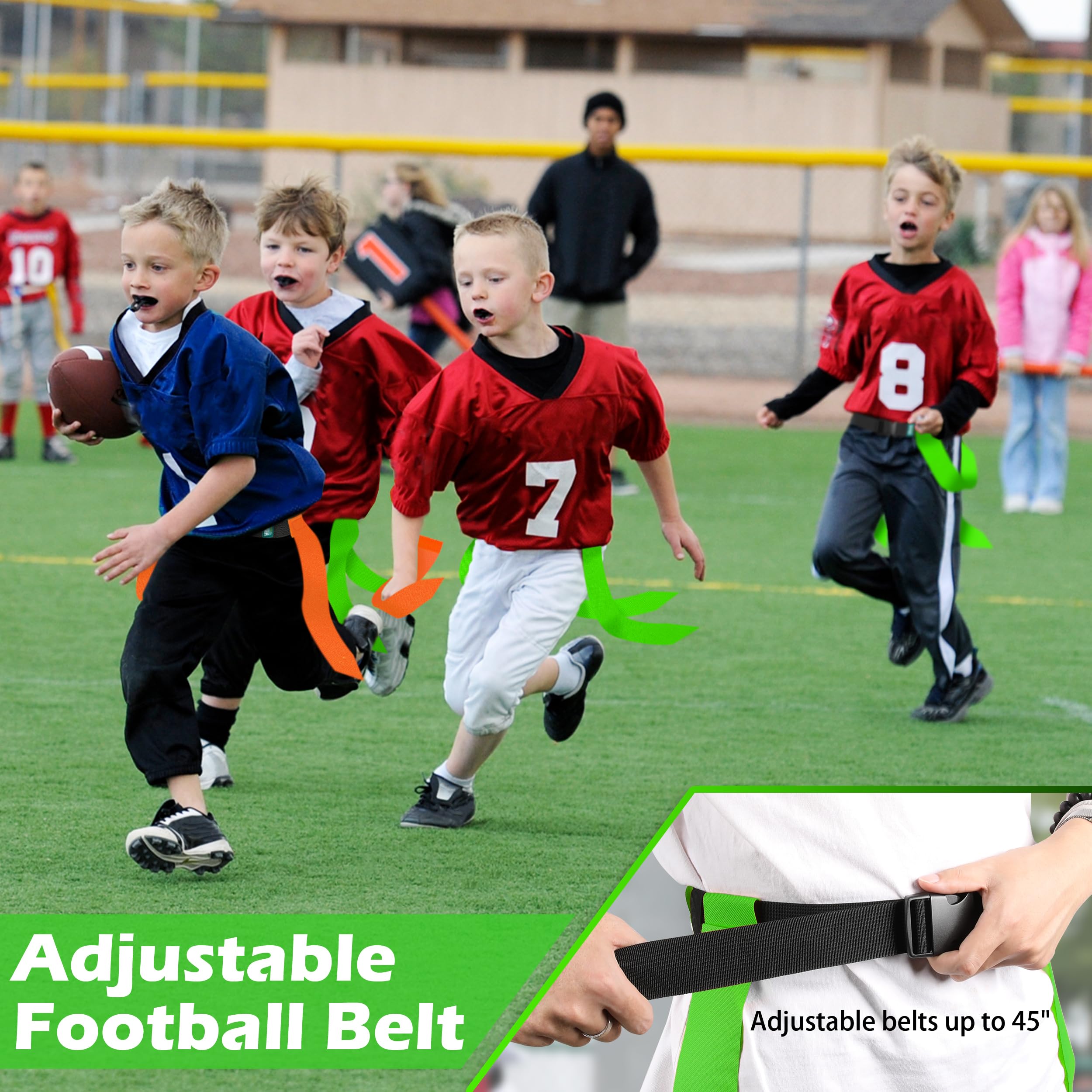Hilhook Flag Football Belts, Sets of 12 Green Flag Football Sets with 42 Flags for Youth, Kids and Adults Sport Team Building and Competition Training