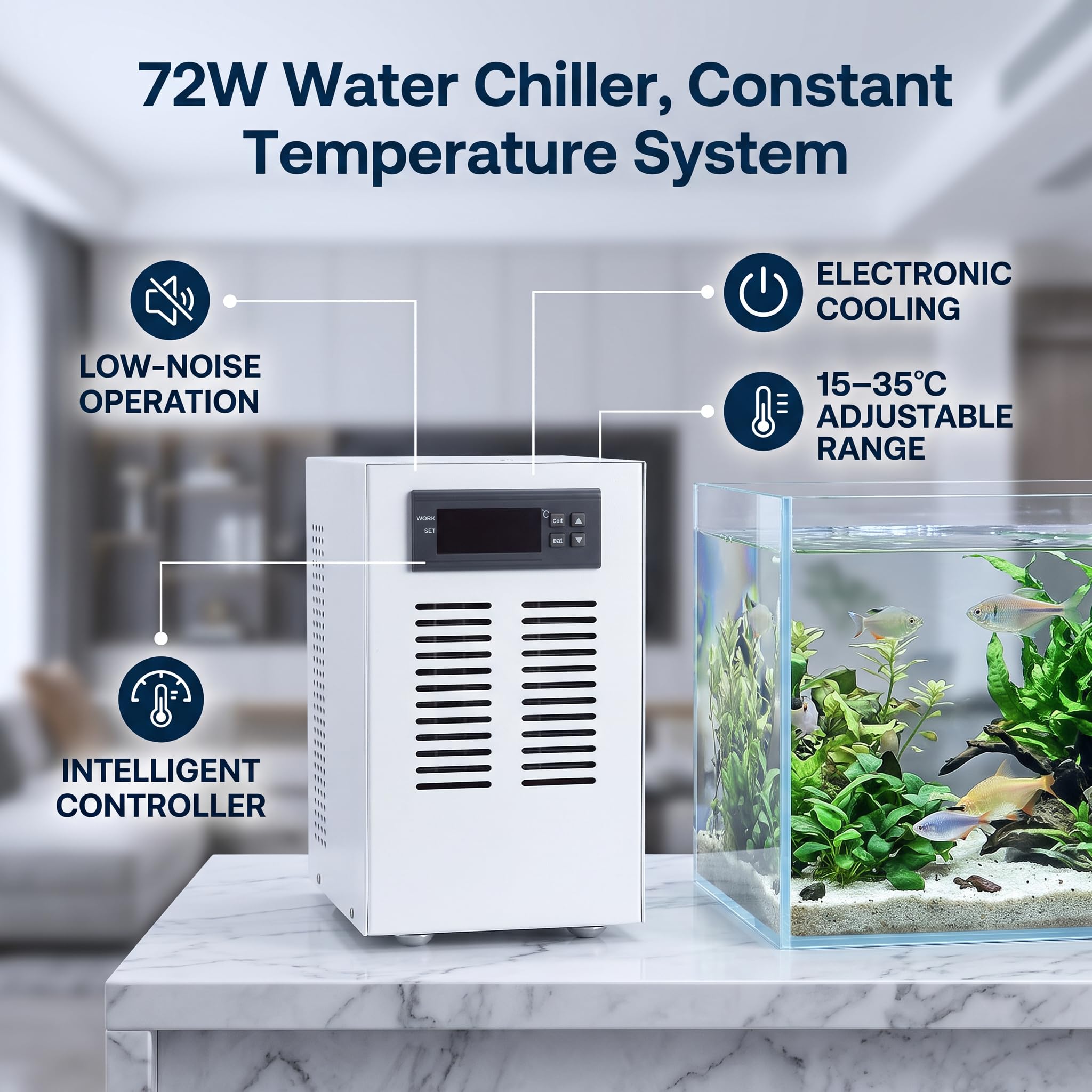 Elektronischer Wasserkühler 72W Fischtankkühler Niedriger Geräuschkonstante Temperaturkühlsystem für Zuhause und Kleines Aquarium (EU-Stecker)