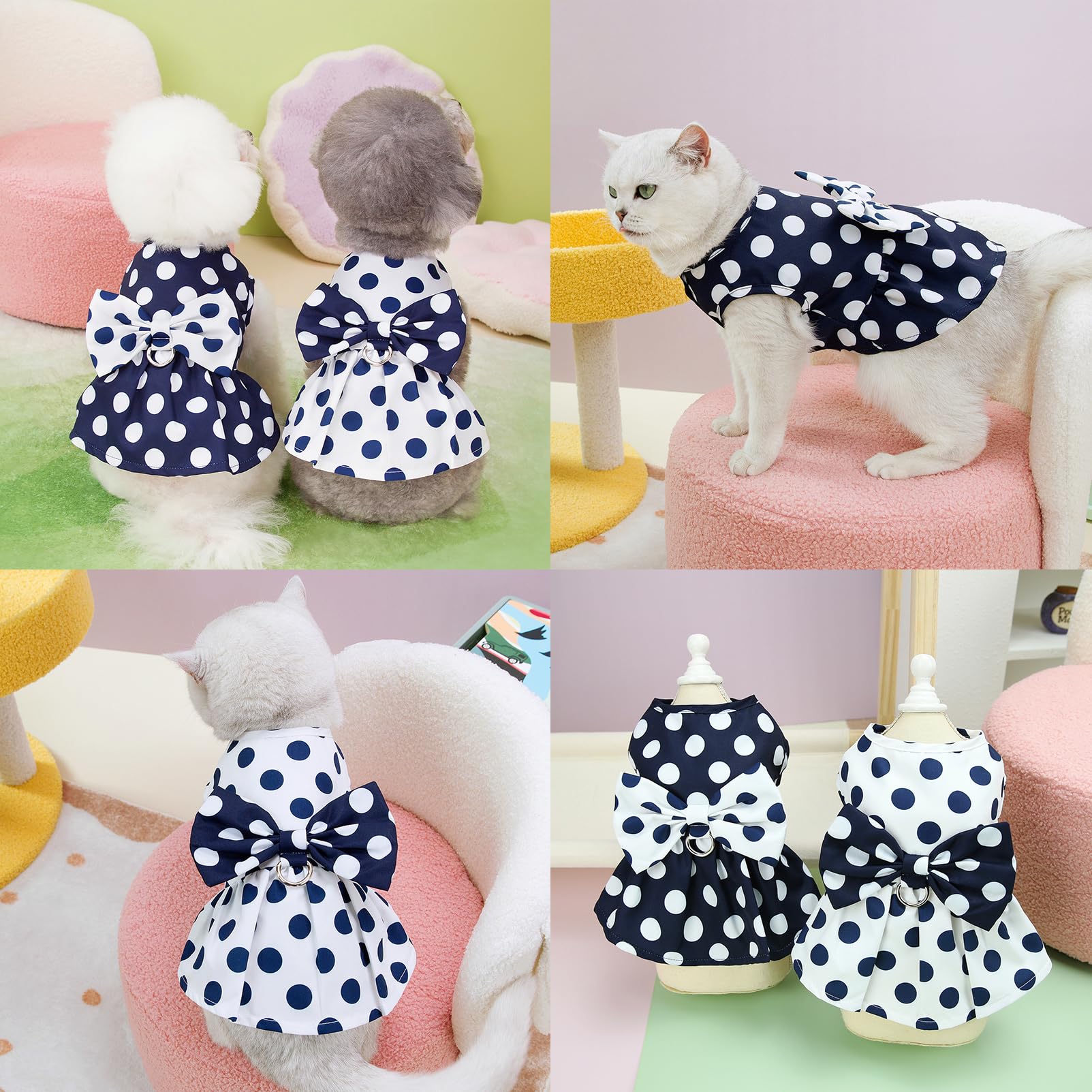 SMALLLEE_LUCKY_STORE Robe harnais à pois pour petit chien et fille – Robe harnais avec anneau en D et nœud – Vêtement respirant pour animal domestique – Vêtements pour chihuahua, yorkshire, chat,