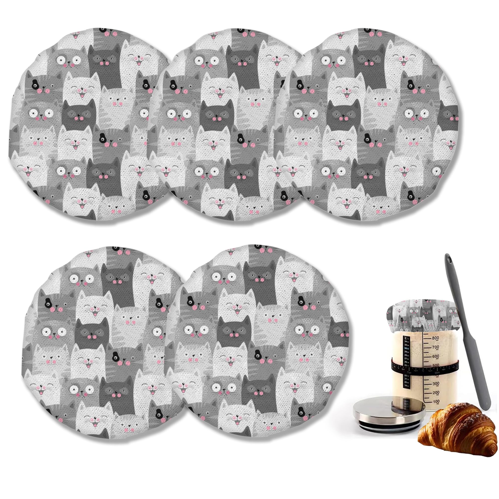 Grey Cute Cat Sourdough Starter Jar Cloth Covers, 5 Pack Kit Stretchy Cloth Bowl Lids Fits Jar Mouth Ranging 3"- 4" Inches