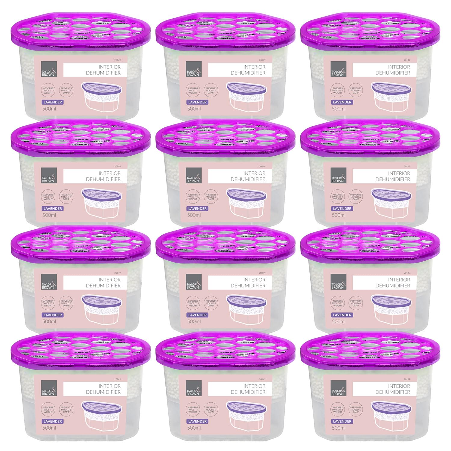 Taylor & Brown Pack of 12 Scented Interior Dehumidifier Condensation Remover Moisture Absorber Damp Mould in Home Kitchen Wardrobe Bedroom Caravan Office Garage Bathroom Basement 500ml (Lavender)