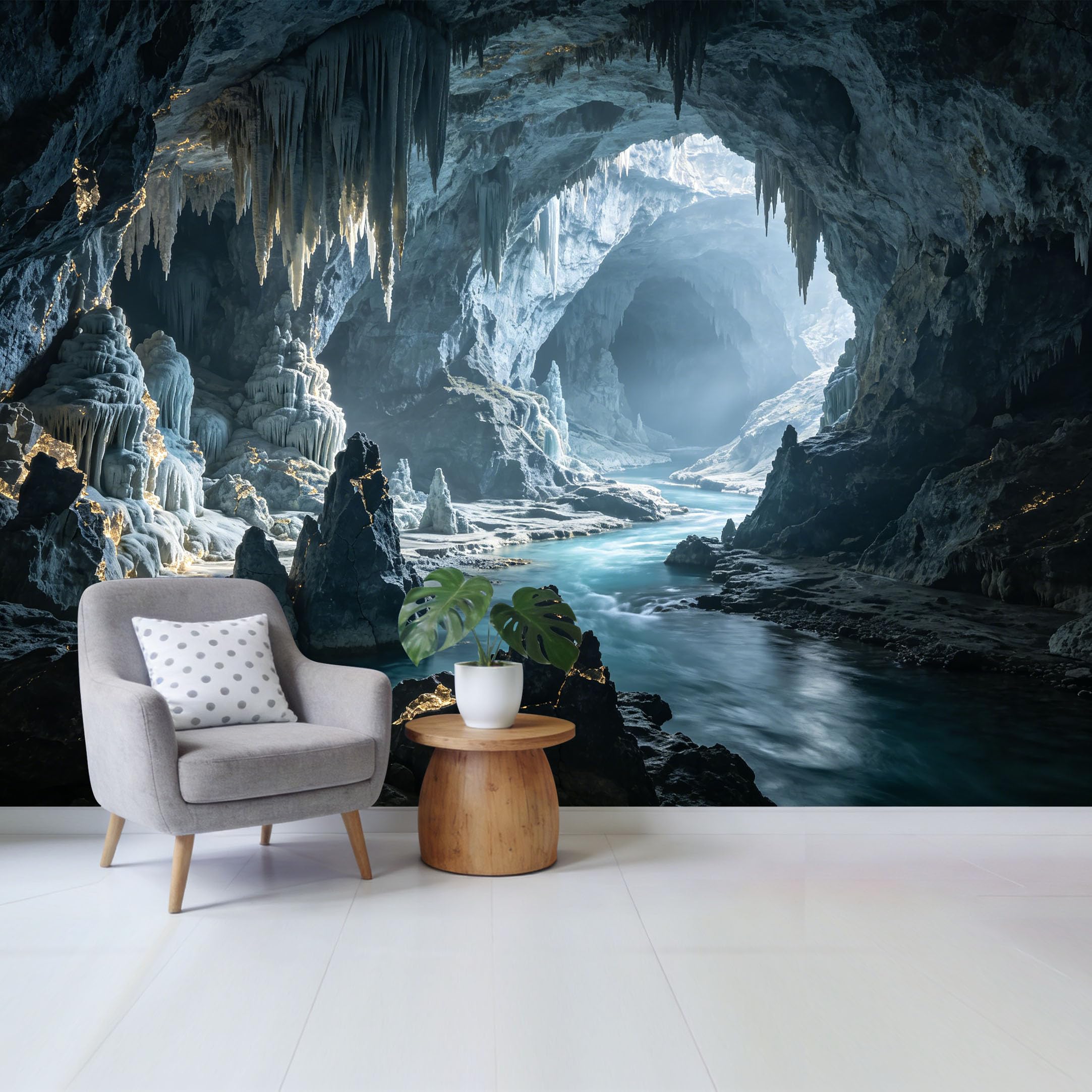 Custom Size Wall Mural Underground River Stalactite Cave Landscape 3D Removable Self Adhesive Fabric，Home Wall Decor for Living Room Bedroom Bathroom