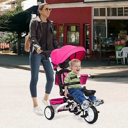 Miniatura 7 de GAOMON Triciclo para bebé, bicicleta plegable 7 en 1 con mango de empuje ajustable extraíble, toldo, asiento giratorio, arnés de seguridad,