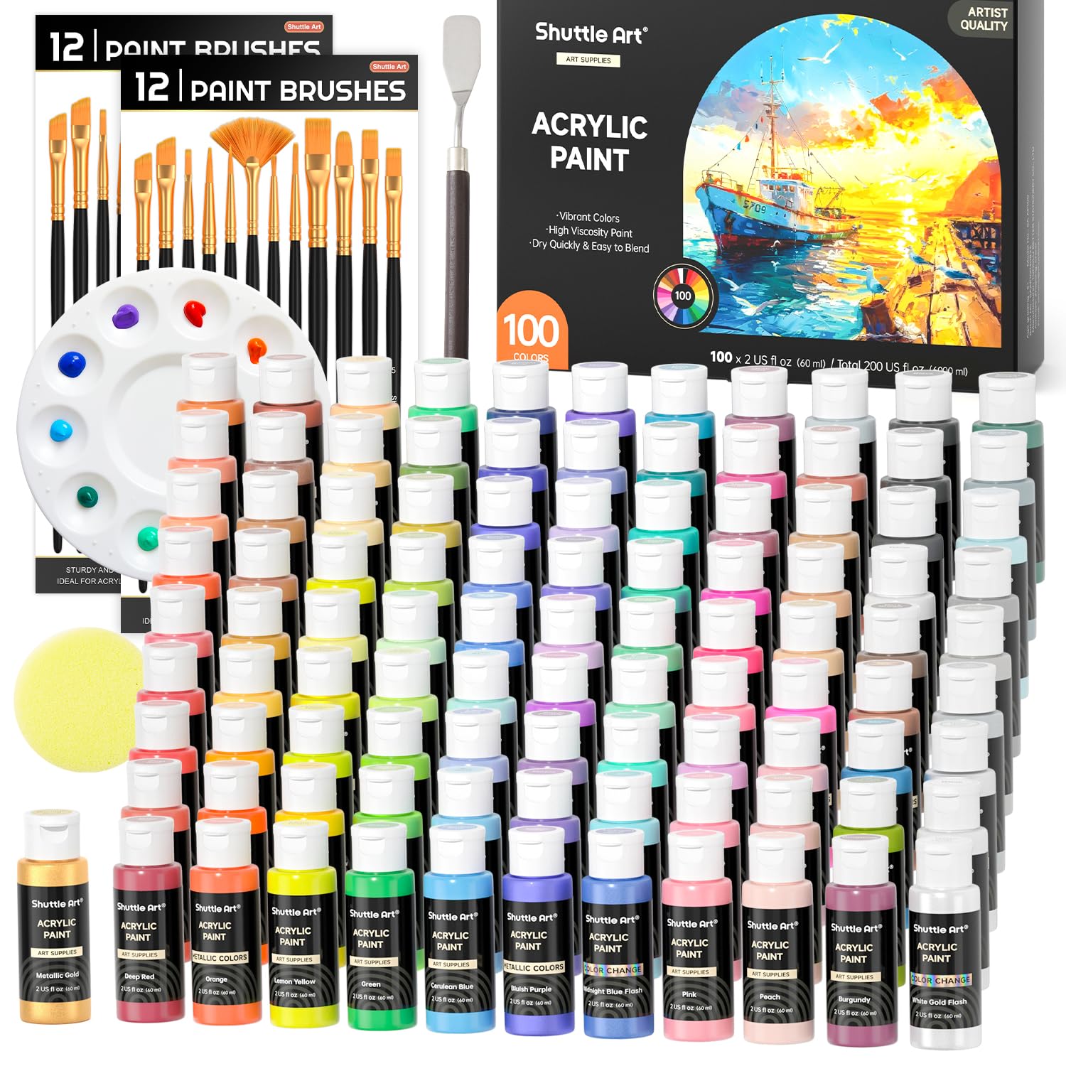Shuttle Art 100 Colors Acrylic Paint, 2oz/60ml Bottles, Include 2 Sets of 12 Paint Brushes, 1 Art Sponge & Palette, Premium for Artists, Beginners & Kids on Canvas Rocks Wood Ceramic