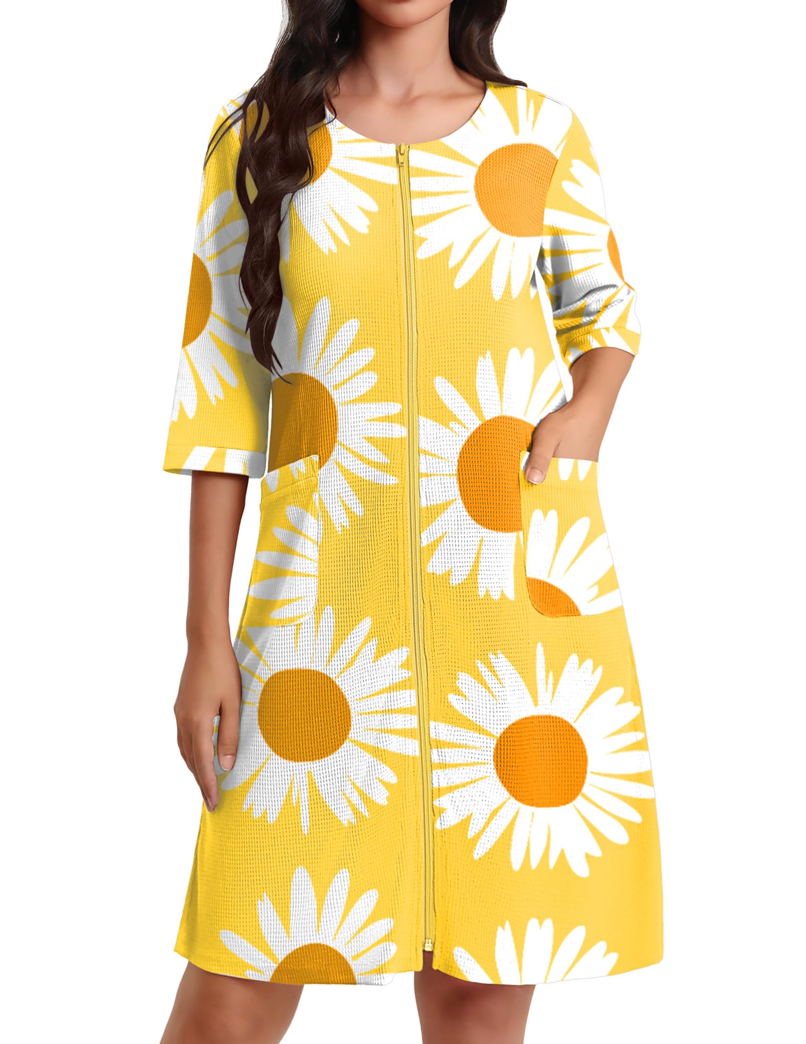 Ekouaer Zip Up Robes for Women Short Waffle Bathrobe Lightweight house coat 3/4 Sleeve Soft Nightgown with Pockets S-3XL