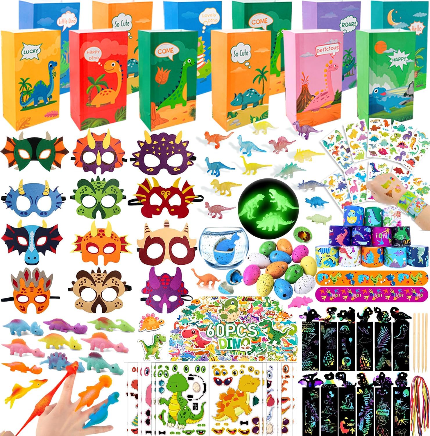 204PCS Dinosaur Party Favors, Dinosaur Birthday Party Decorations Supplies - 12 Dino Goodie Bags Fillers Stuffers for Kids Birthday Return Gifts, Classroom Treasure Box Prizes, Easter Egg Fillers