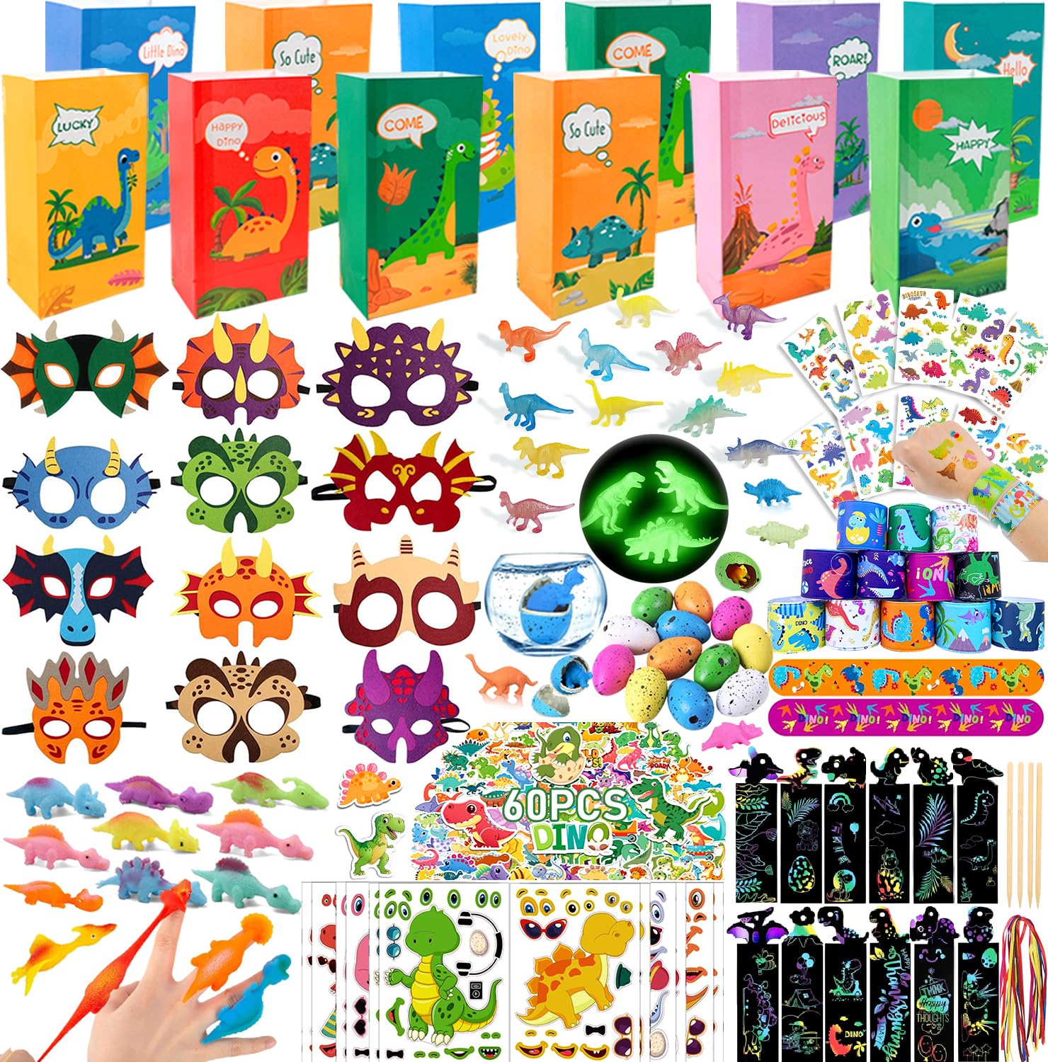 Dinosaur Party Favors 12 Pack, 204PCS Dinosaur Goodie Bags Stuffers for Kids Birthday, Dino Party Favors Return Gift Bag Pinata Fillers, Treasure Box Toys for Classroom Christmas Halloween