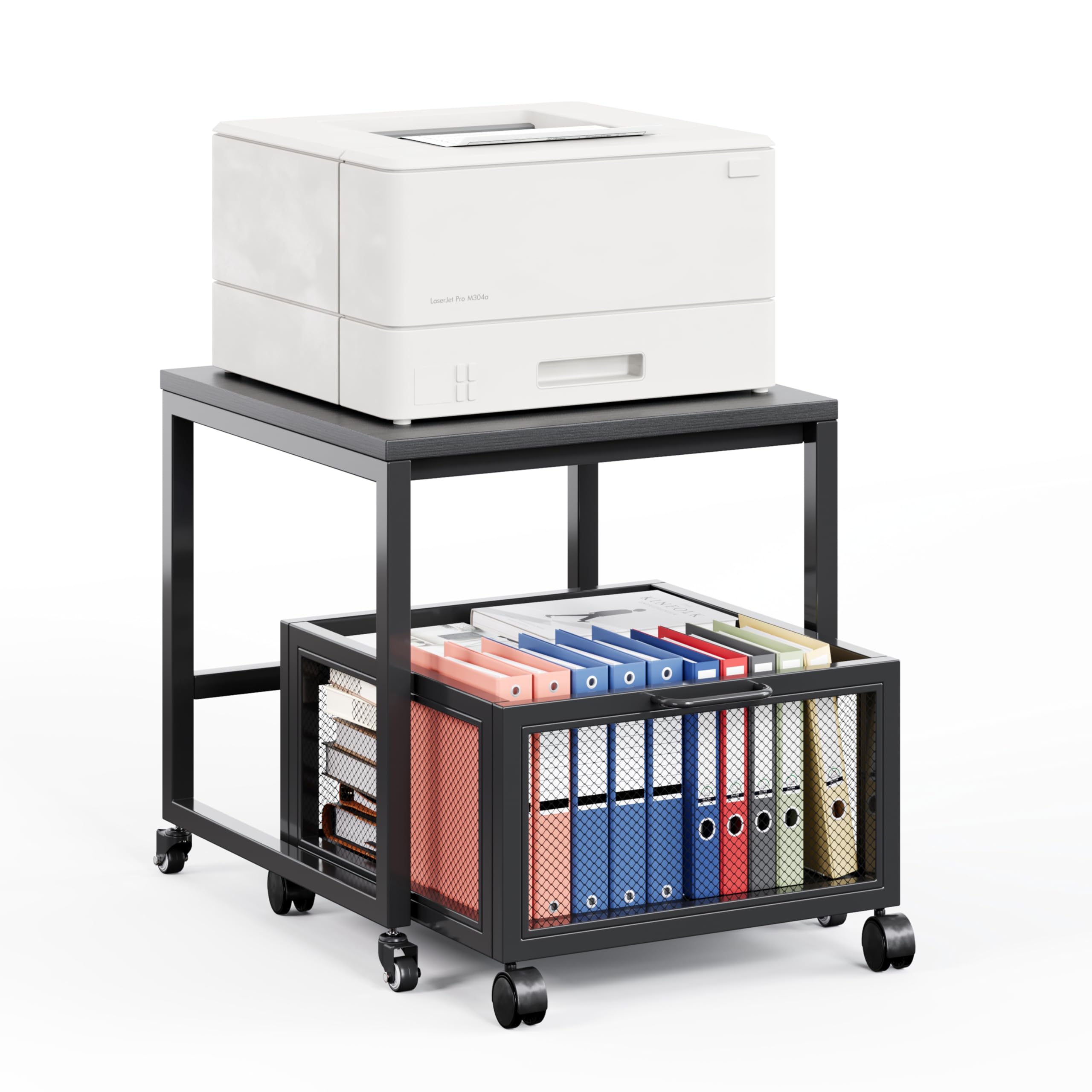 Tavolo per stampante con stoccaggio Drawer, supporto per stampante con ruote universali, supporto per stampante portatile in legno e metallo, 50 x 50 x 43 cm, portata fino a 70 kg, per ufficio, casa