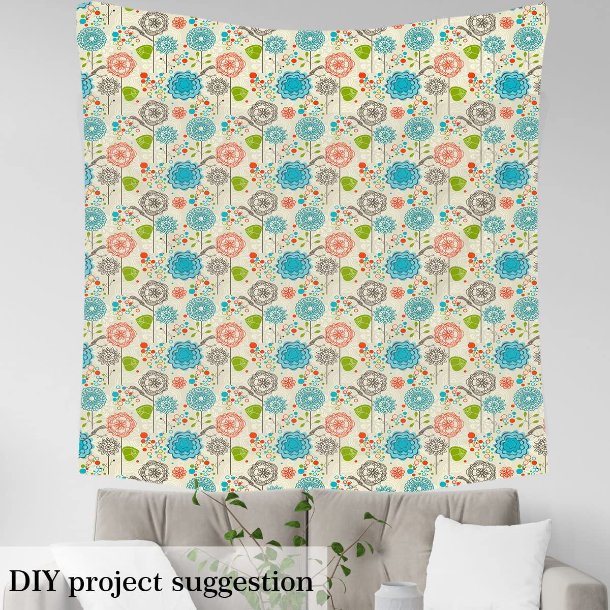 Floral Upholstery Fabric by The Yard,Retro Birds Flower Outdoor Fabric by The Yard,Boho Leaf Circles Pattern Decorative Fabric for Upholstery and Home DIY Projects,3 Yards,(L276*W150cm) Cream Blue - Image 4