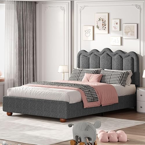 LIDYUK - Marco de cama Queen con cabecero ajustable, marco de cama tapizado en bouclé tamaño Queen, marco de cama de plataforma con soporte de