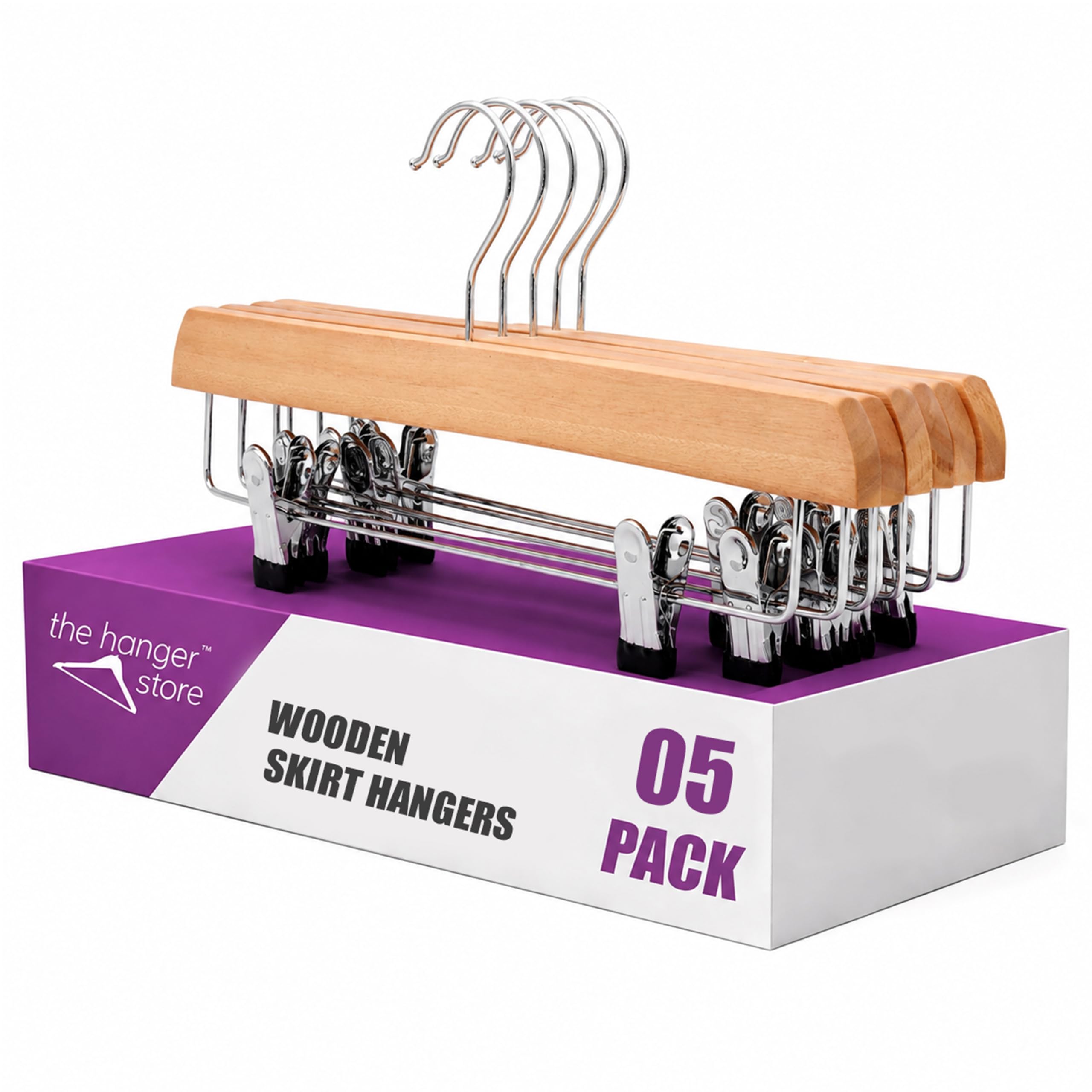 The Hanger Store Trouser Hanger - 40 Pack Eco Skirt S With Clips, Fsc® Wood | Wooden Skirt Hangers With Clips, Sustainable Eucalyptus Wooden Hangers, Chrome Swivel Hook, Adjustable Rubber Dipped Clips - Image 2