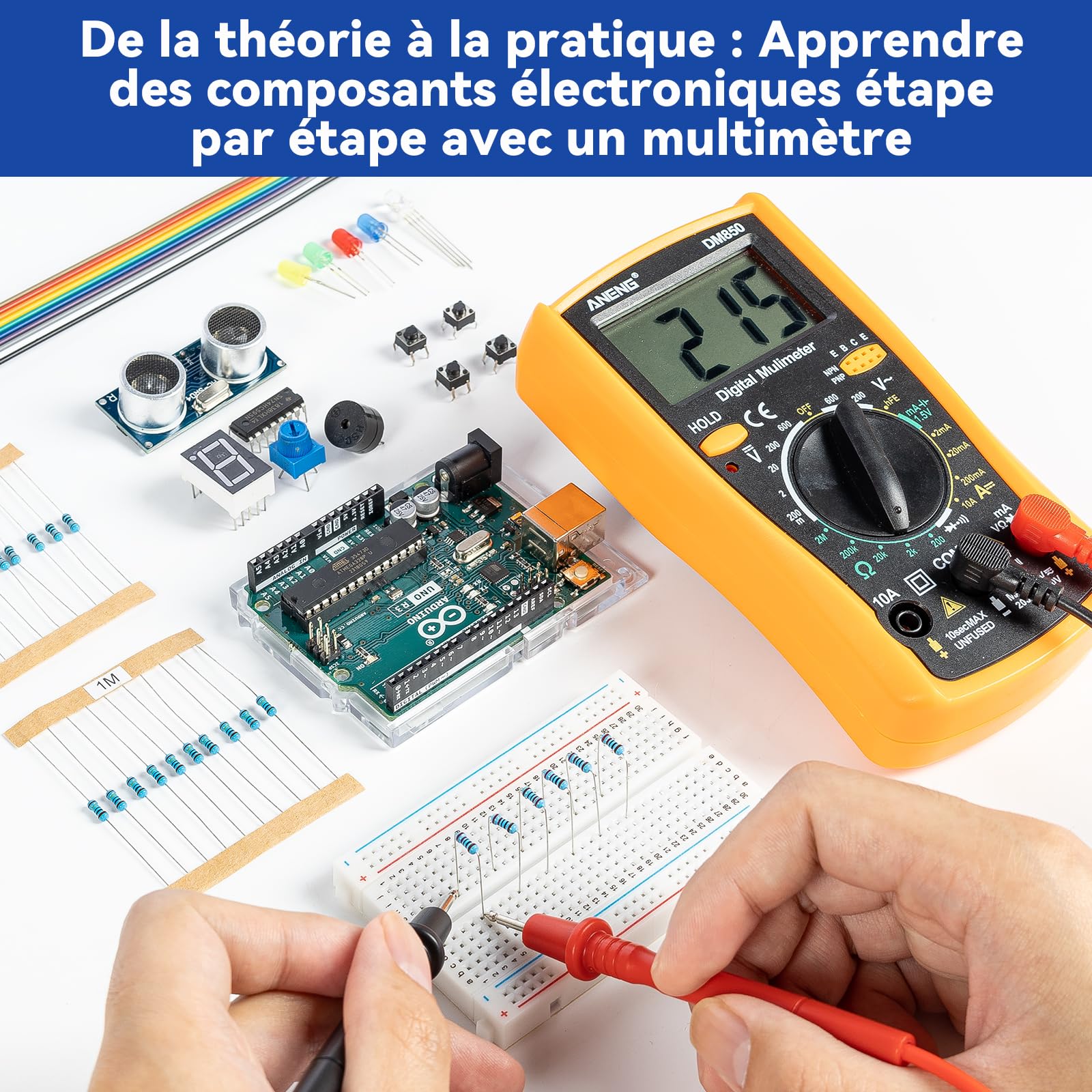 SunFounder Kit de démarrage Beginner's Lab avec carte Arduino Uno R3 REV3 originale, multimètre, 34 projets, carte d'essai, batterie HCSR-04, conforme RoHS, pour débutants et ingénieurs
