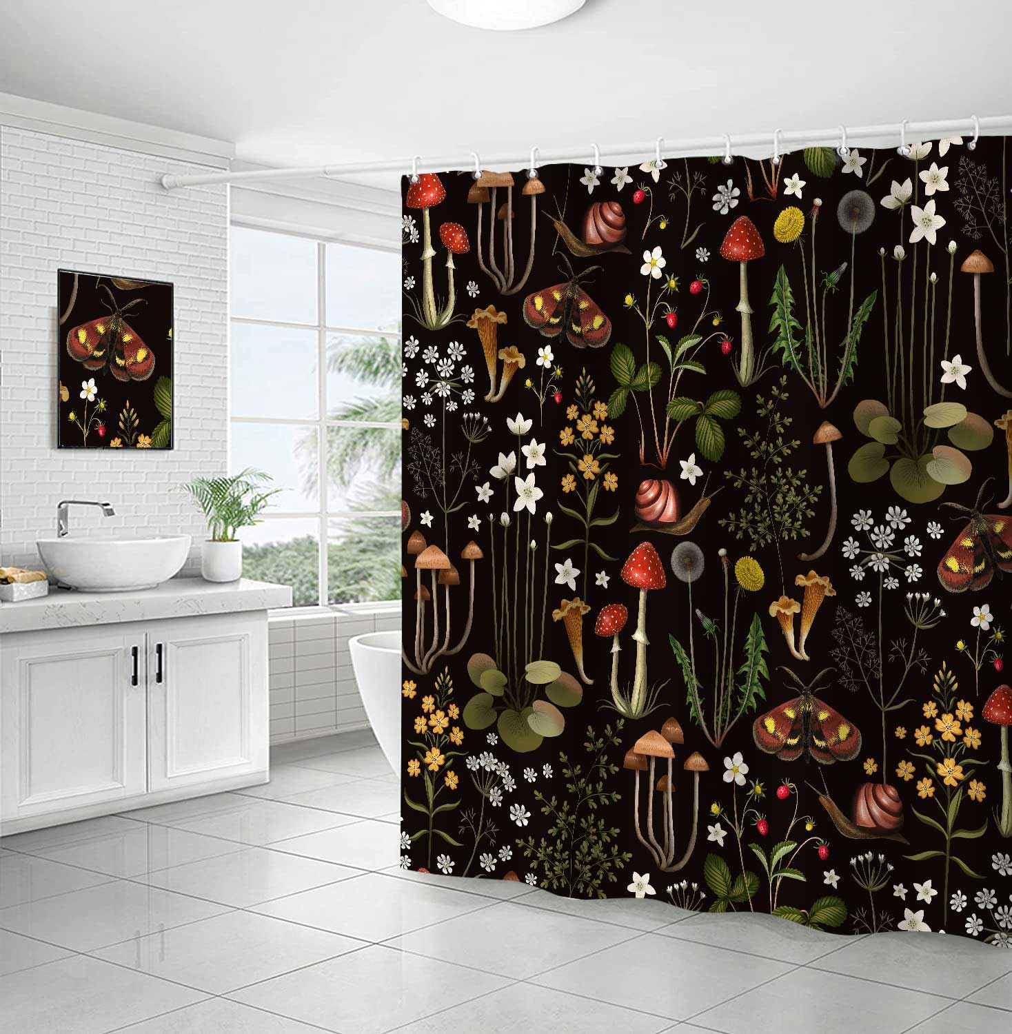 Cortina De Ducha Diseño Hongos, Fresa Y Flores 180x150 Cm | Meses Sin Interés