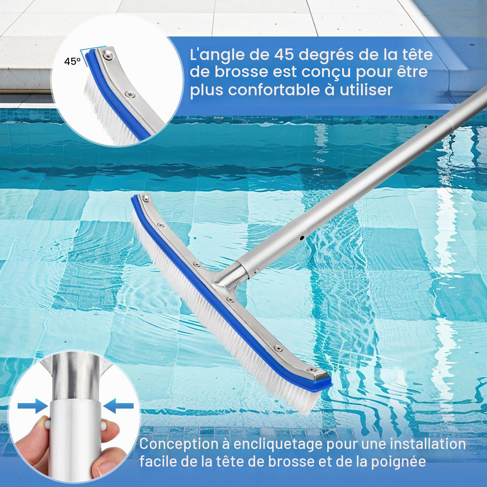Brosse Piscine, Brosse de Nettoyage pour Piscine de 43 cm, Balai Piscine avec Barre en Aluminium Réglable en Longueur de 180cm