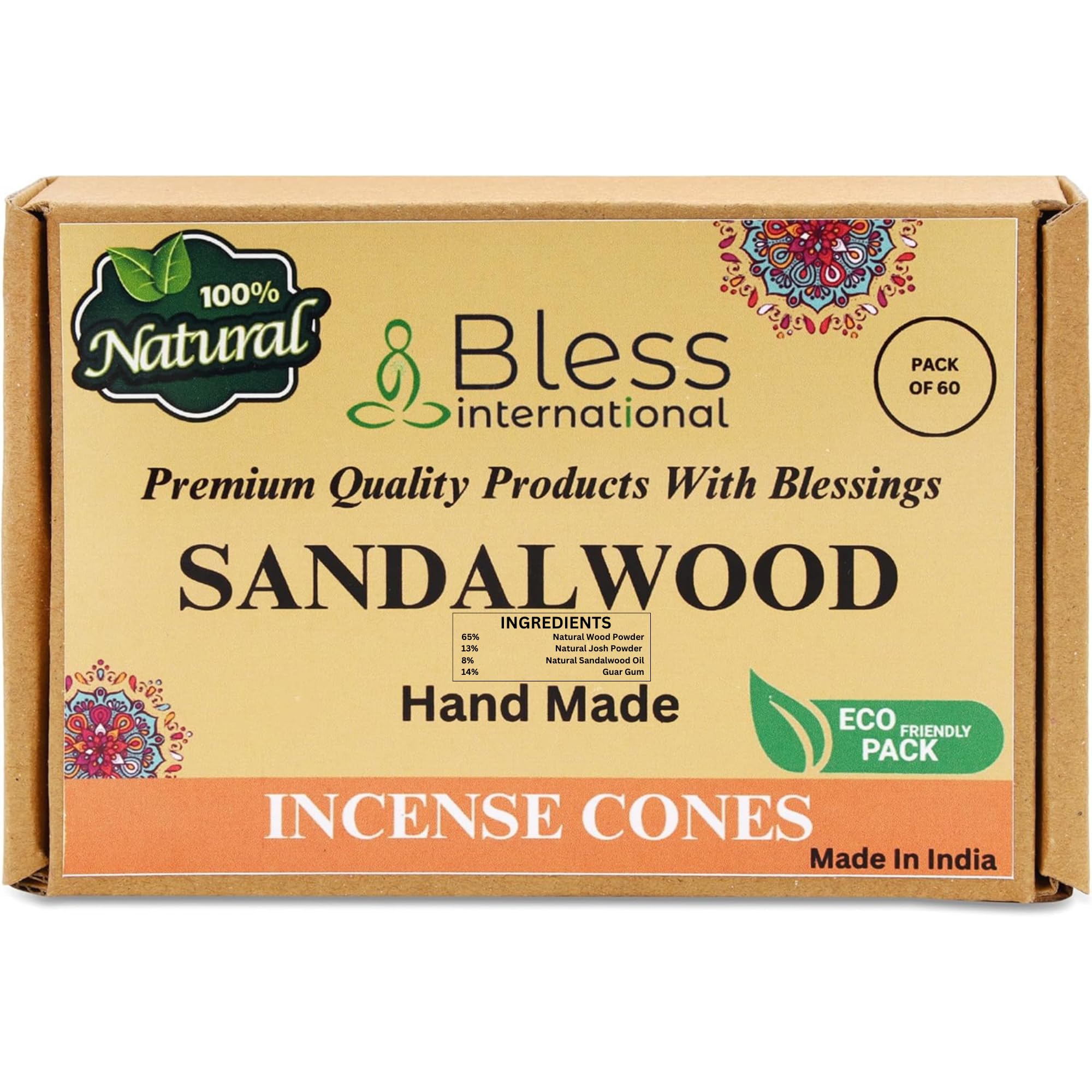 Bless International Sandalwood 100%-Natural-Incense-Cones Handmade-Hand-Dipped Organic-Chemicals-Free for-Purification-Relaxation-Positivity-Yoga-Meditation The-Best-scents (60 Count)