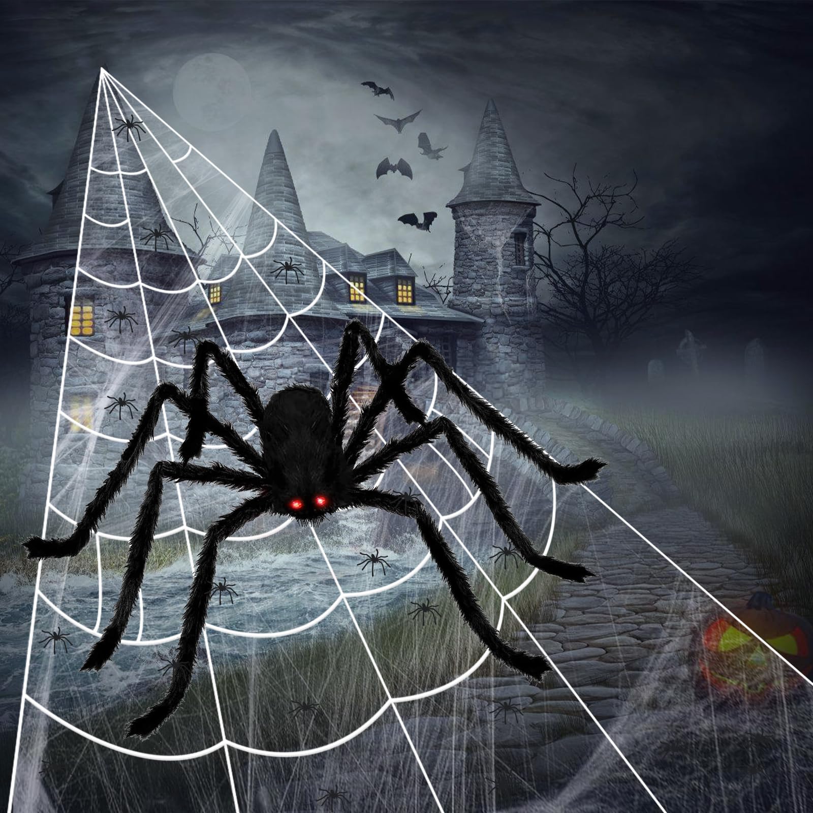 Timiyou Halloween Decorations, 59'' Giant Spider + 200'' Spider Web Decor + 20pcs Small Fake Spiders, Halloween Decorations Outdoor Spider for Indoor Scary Haunted House Garden Lawn Yard