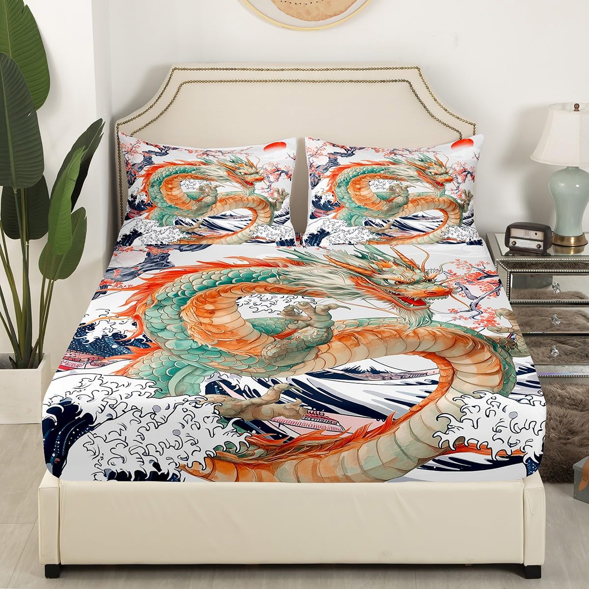 Erosebridal Japanese Style Bedding Set Full,Anime And Cat Bed Sheets Set Women Cherry Blossom Floral Sheets Oriental Fitted Sheet Set 2 Pillowcases Room