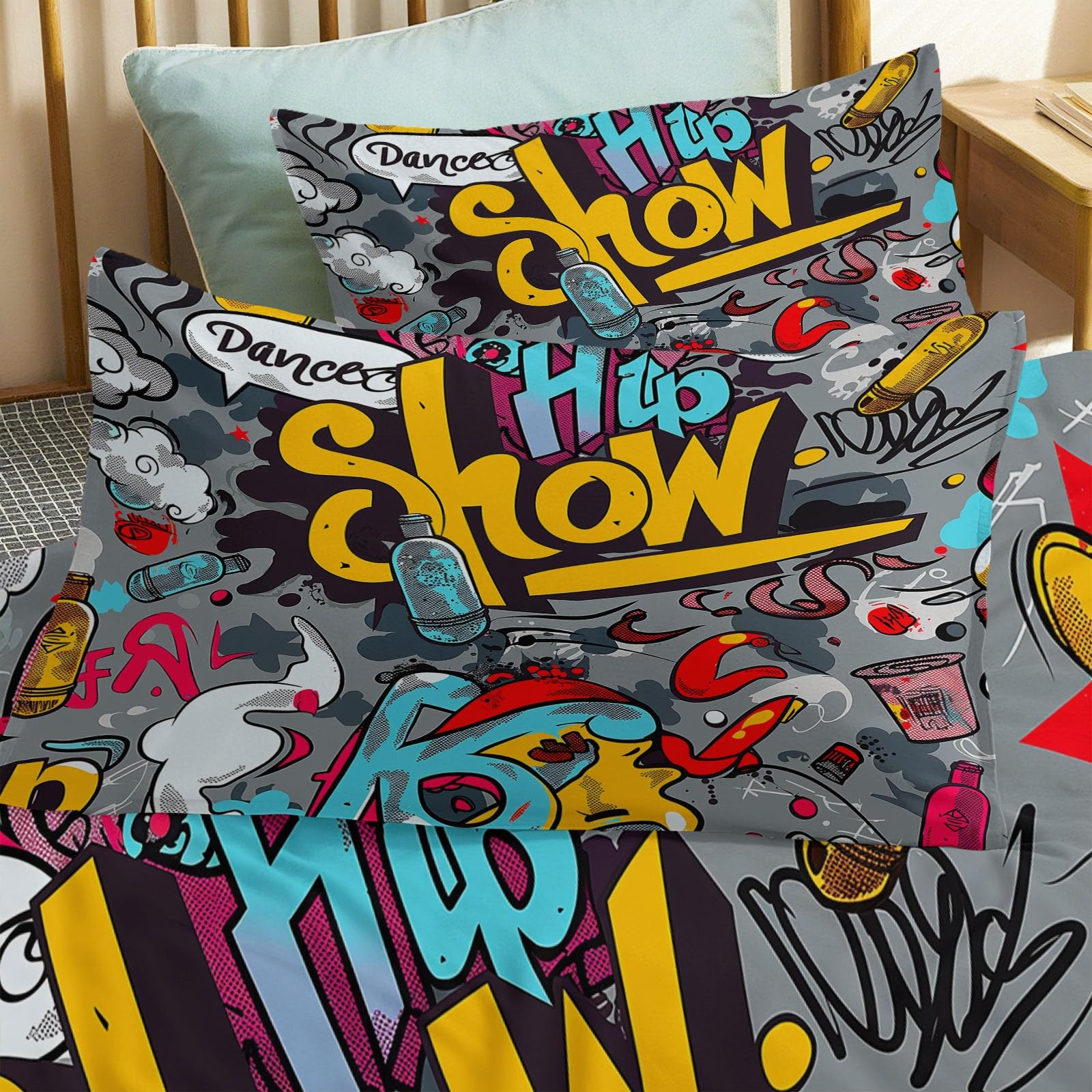Funda Nórdica para Cama 90 Patrón Graffiti Hippie Hip Hop Cartoon, Set de 3 Piezas con Funda de 150 x 220 cm y 2 Fundas de Almohada 50x75 cm - Suave Ropa de 100% Microfibra Street Art