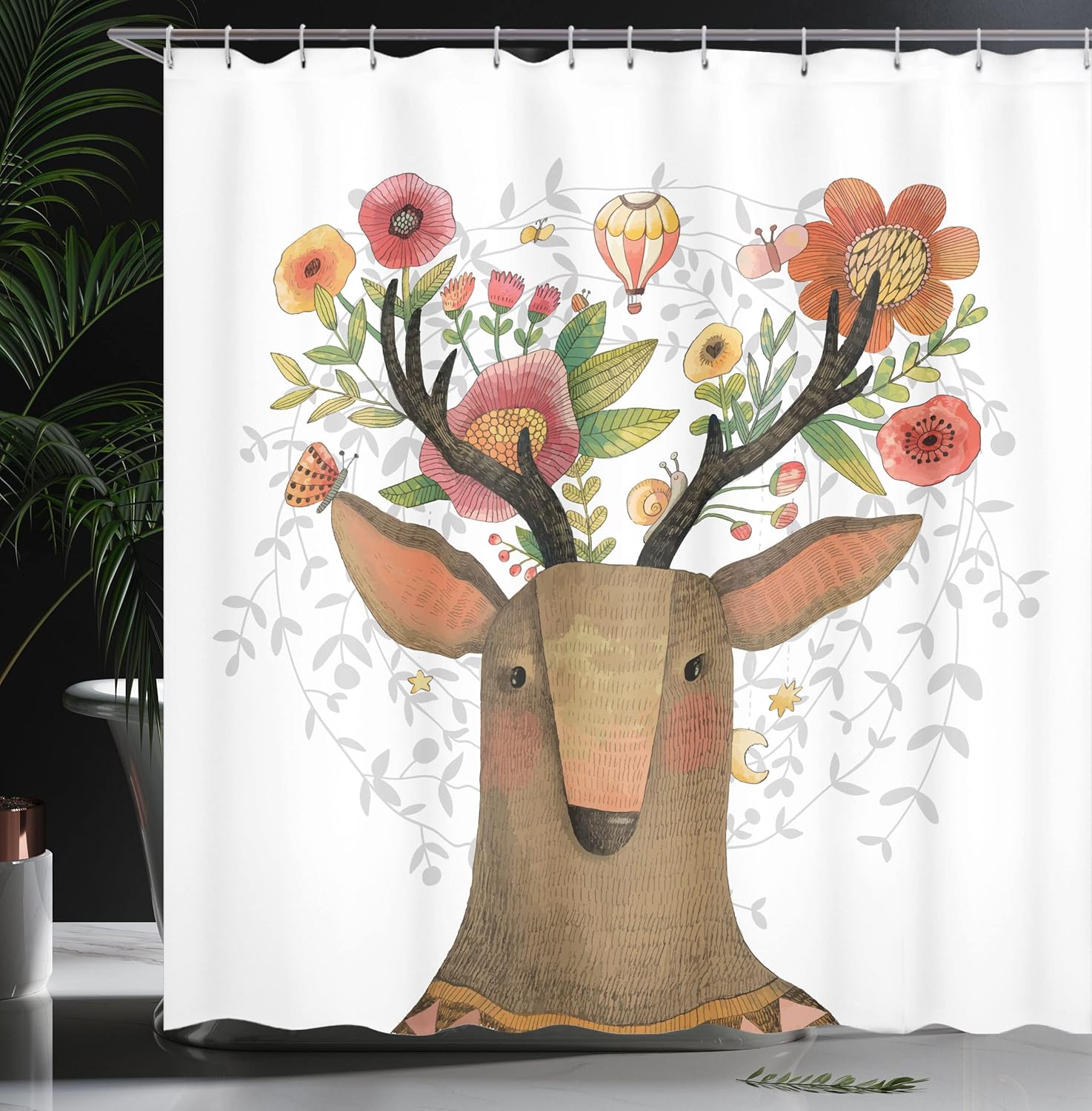 Ambesonne Antlers Shower Curtain, Deer with Blossoms Bouquet Butterfly Ballon Springtime Cartoon Art, Cloth Fabric Bathroom Decor Set with Hooks, 69" W x 70" L, Purple Grey