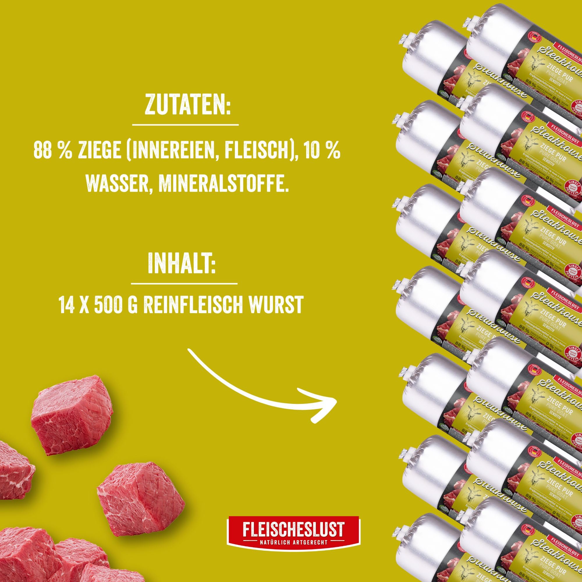 Steakhouse Ziege pur (12x500g), Nassfutter für Hunde & Katzen, sensitives Ergänzungsfutter, Monoprotein, getreidefrei, 14x Wurst von Fleischeslust
