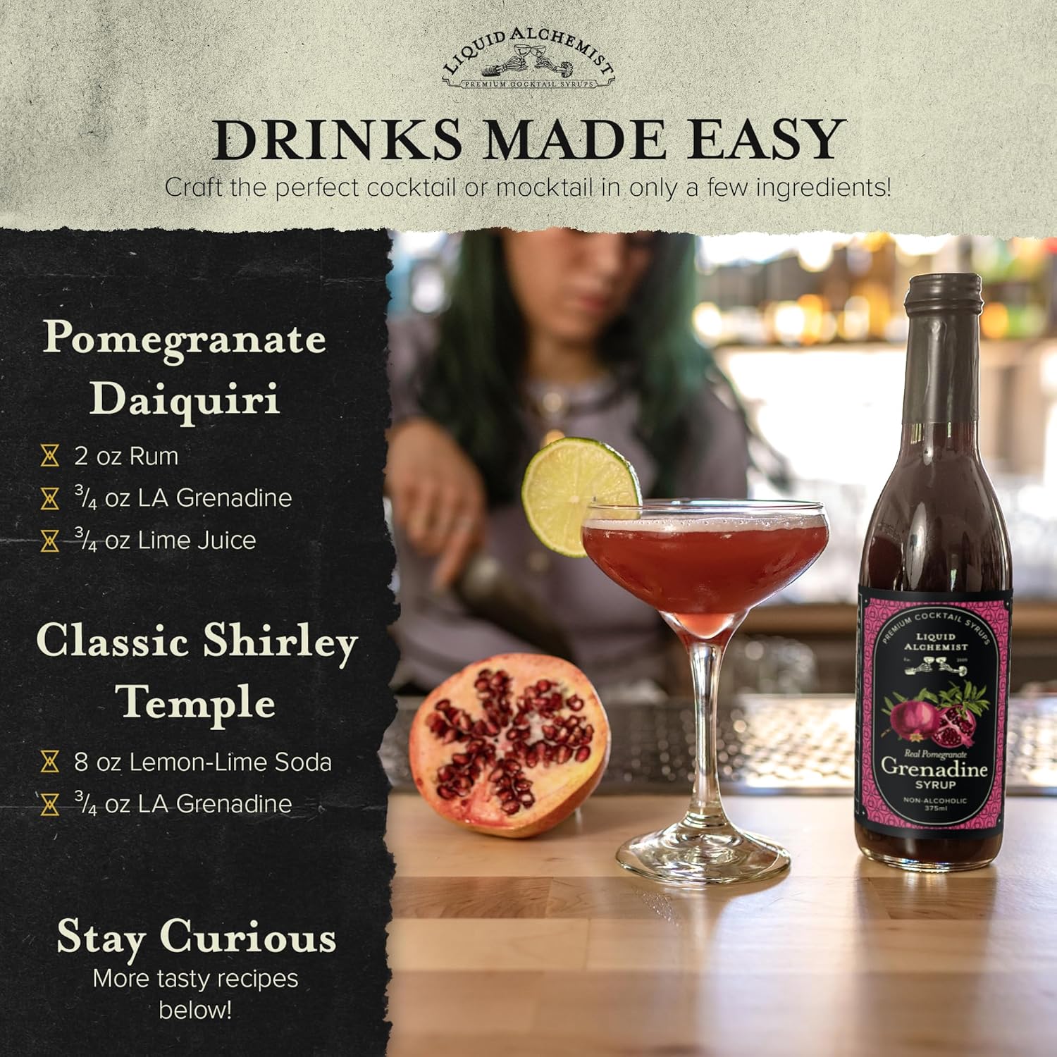 Liquid Alchemist Grenadine Syrup for Cocktails | Real Ingredients Make our Pomegranate Syrup for Drinks the Perfect Shirley Temple Mix | Small Batch, Non-GMO & Vegan | 12.7 oz Drink Mixer, Pack of 1