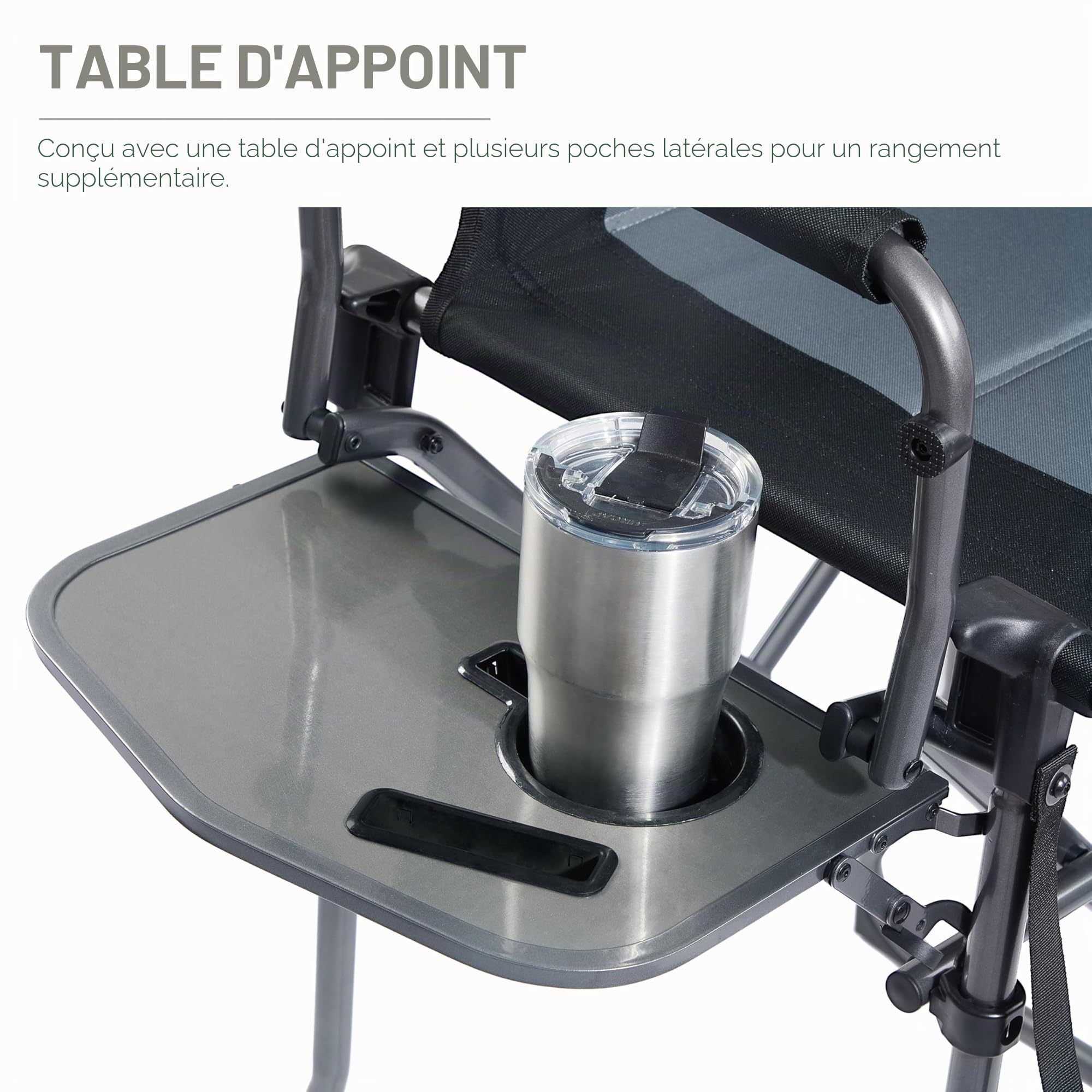 EVER ADVANCED Chaise de Camping Pliante, Hauteur d'assise 78CM, Chaise de Directeur Pliable, Tabouret de Bar Pliable avec Table latérale pour maquilleur, événement Sportif, supporte 160KG Noir