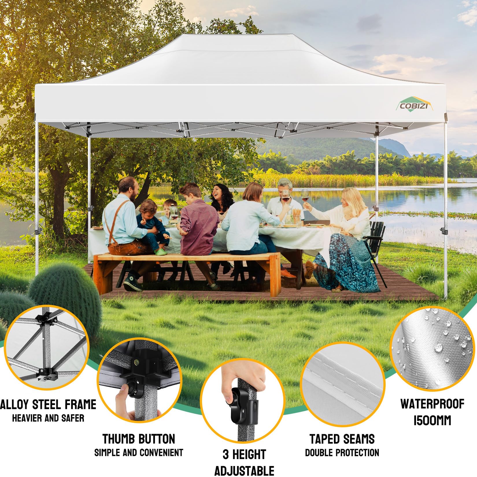 COBIZI 10x15 Pop up Canopy Heavy Duty with 4 Sidewalls, Easy Set-up Commercial Outdoor Party, 100% Waterproof Wedding Canopy Gazebo, 3 Height Adjustable with Handbag, White