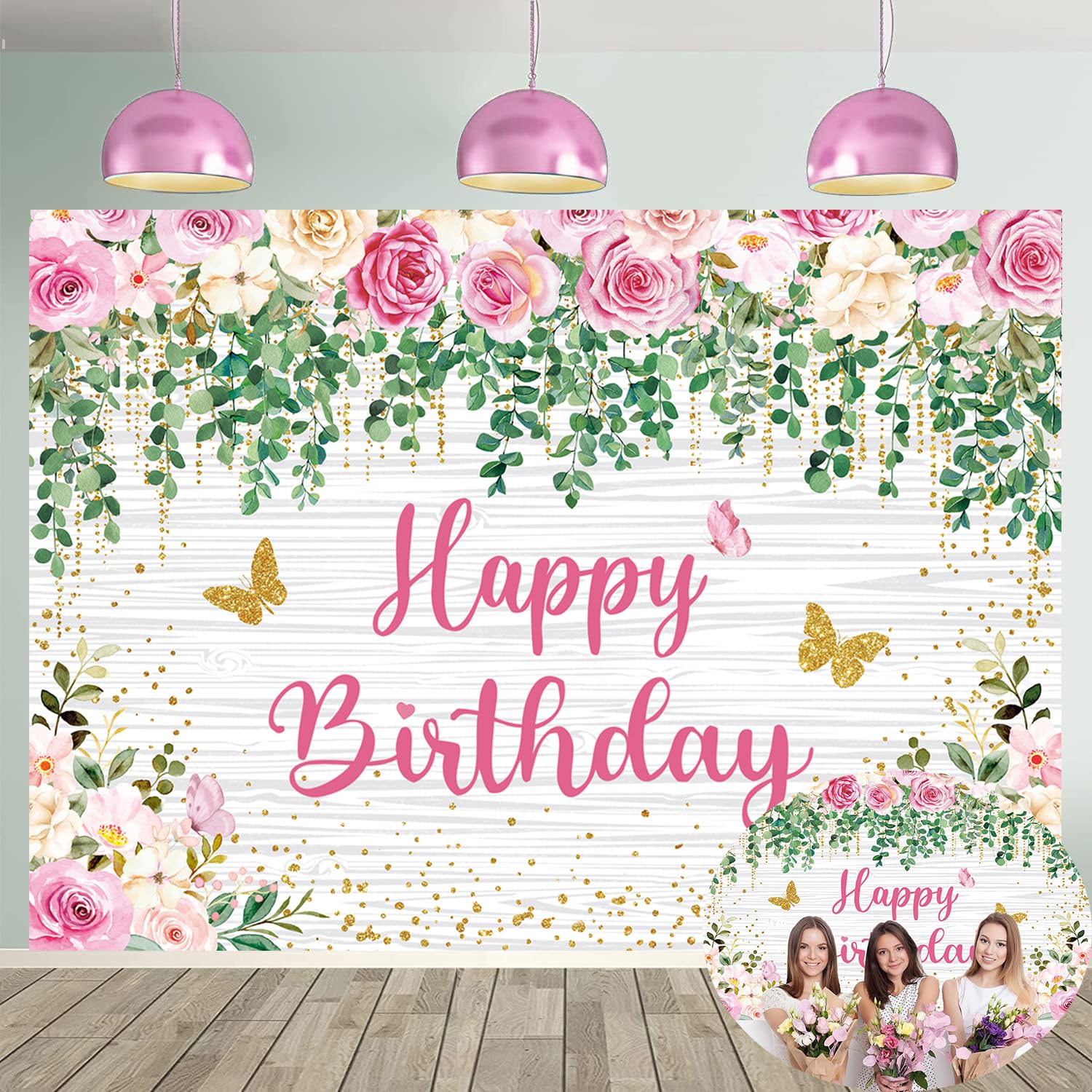 Sage Green Happy Birthday Backdrop 7x5FT White Rustic Wood Pink Flower Birthday Photography Background for Girls Women Party Decorations Supplies