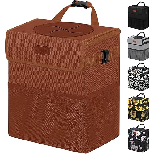Vankor Basurero para automóvil, marrón, capacidad de 2.2 galones, impermeable, material de poliéster, correa ajustable, diseño colgante, forro a