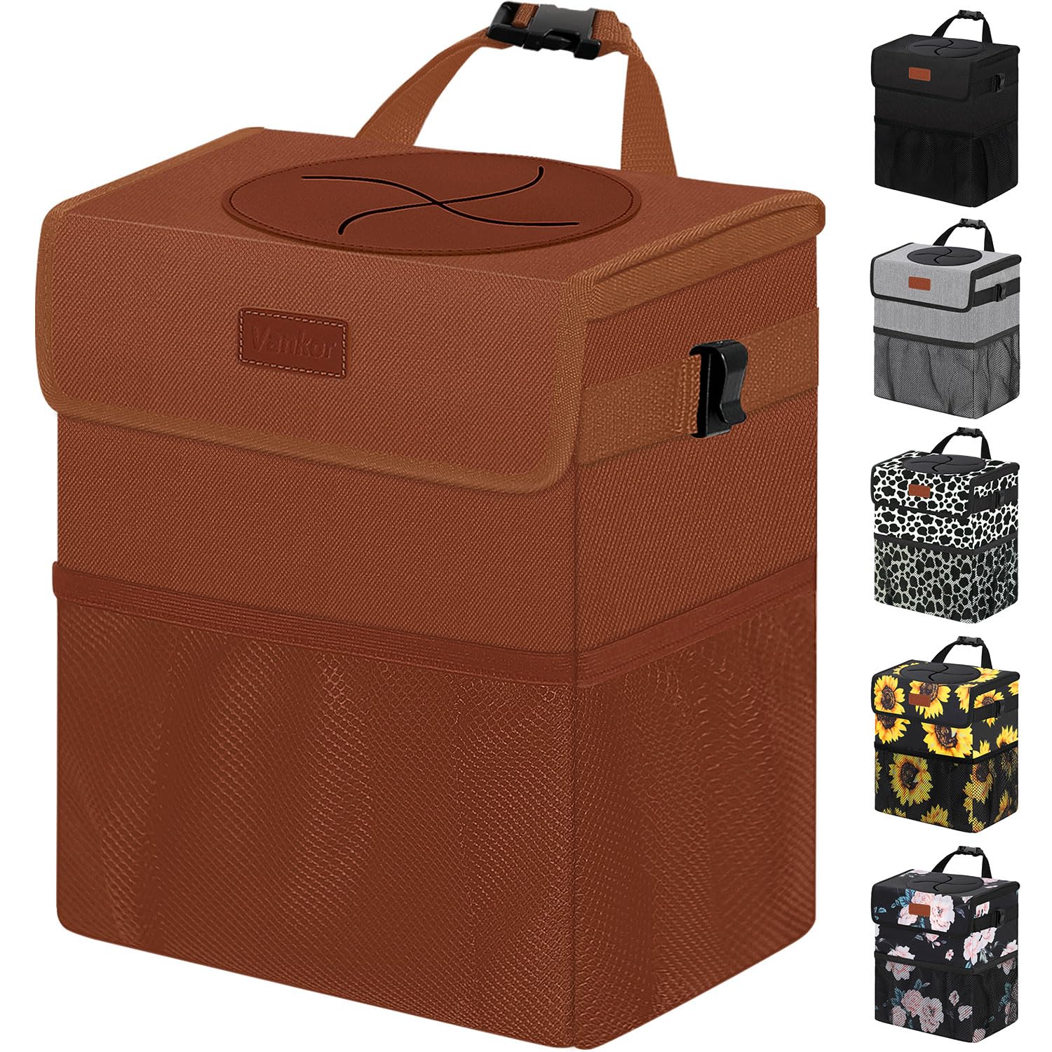 Vankor Car Trash Can, Brown, 2.2 Gallons Capacity, Waterproof, Polyester Material, Adjustable Strap, Hanging Design, Leakproof Lining, 100% PEVA Thickness | 2.2 Gallon Cute Hanging Car Trash Bin for Men Car Truck Vehicle Sedan SUV Interior Automotive Garbage Cans, Brown 2.2 Gallons Brown