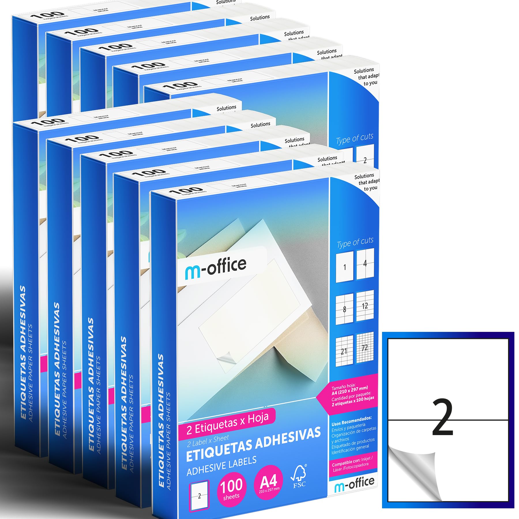 M-office Etiquetas Adhesivas A4 compatible con Label Printer, Pegatinas Blancas Adhesivas para Uso Diario, Papel Adhesivo para Imprimir, Pegatinas para Escribir (2 por hoja, 1000h)