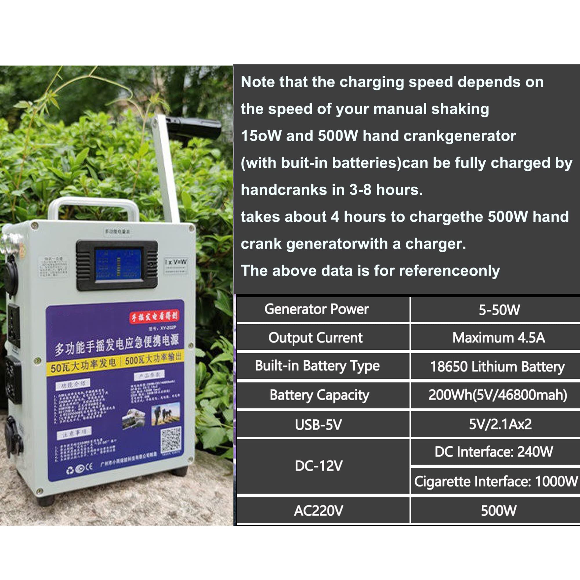 Generatore Portatile in Acciaio da 500W con Manovella for 200 Wh, AC/220V, Doppia Interfaccia USB for Campeggio, Viaggi E Centralina Elettrica Interna