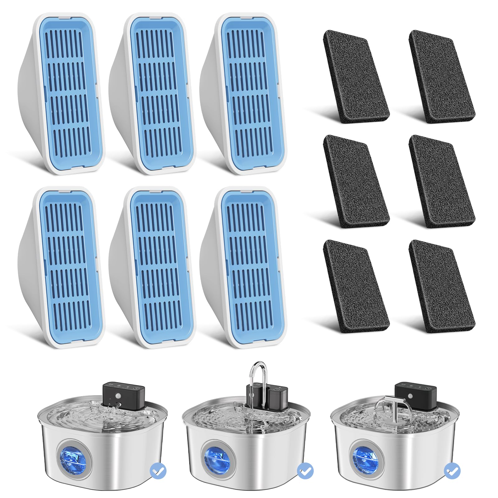 Voluas Replacement Cat Water Fountain Filters, 6 Filters and 6 Pre-Filter Sponges for 108oz/3.2L Stainless Steel Pet Water Fountain 309A/309B/309C