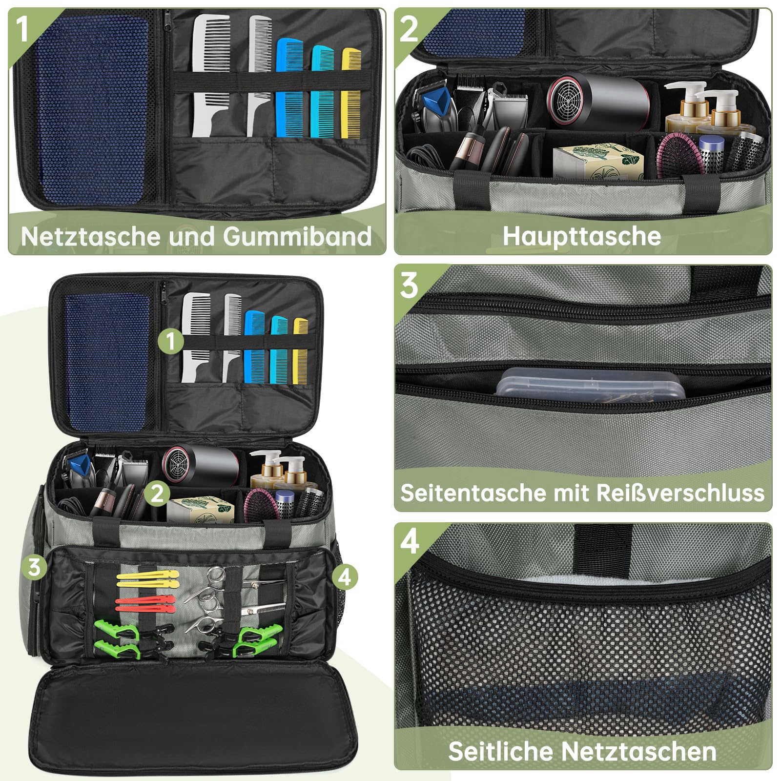Borsa da parrucchiere professionale portatile, con tasche multiple e divisioni regolabili per accessori. Ideale per parrucchieri e visagisti.