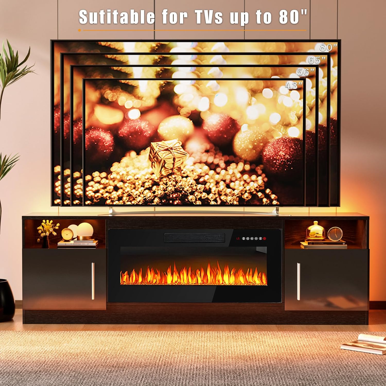 BOSSIN Fireplace TV Stand with 36" Electric Fireplace, LED Light Entertainment Center with Storage Cabinet for TVs up to 80 inch, Media TV Console with Modern Wood Texture,70 inch Black