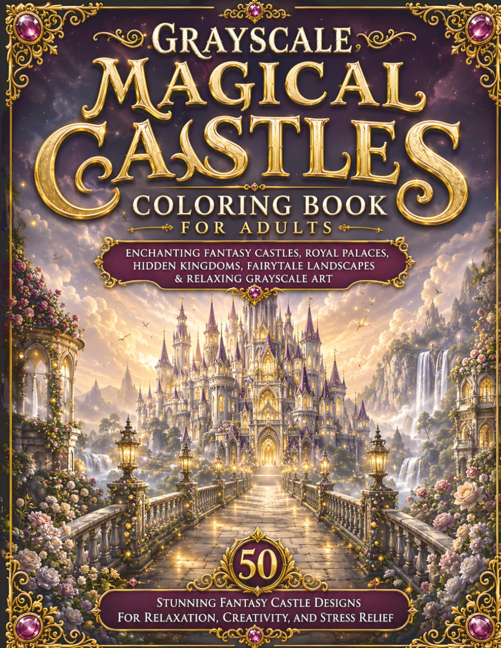 Grayscale Magical Castles Coloring Book for Adults: 50 Stunning Fantasy Castle Designs for Relaxation, Creativity, and Stress Relief (BrightNova Grayscale Coloring Books)