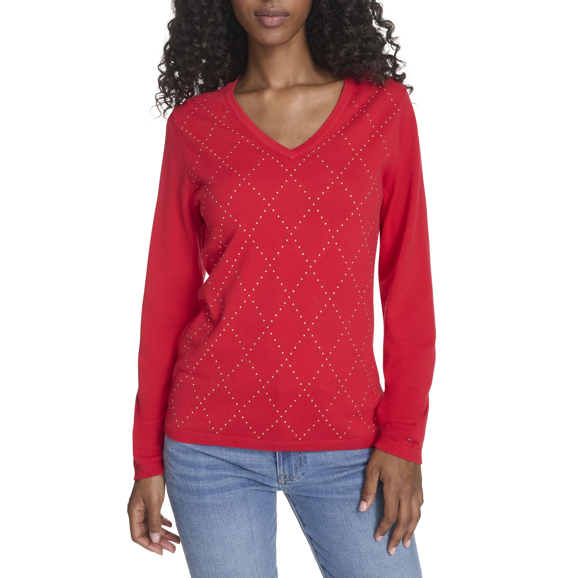 Tommy Hilfiger Damen Long Sleeve V-Neck Hotfix Cotton Sweater Pullover