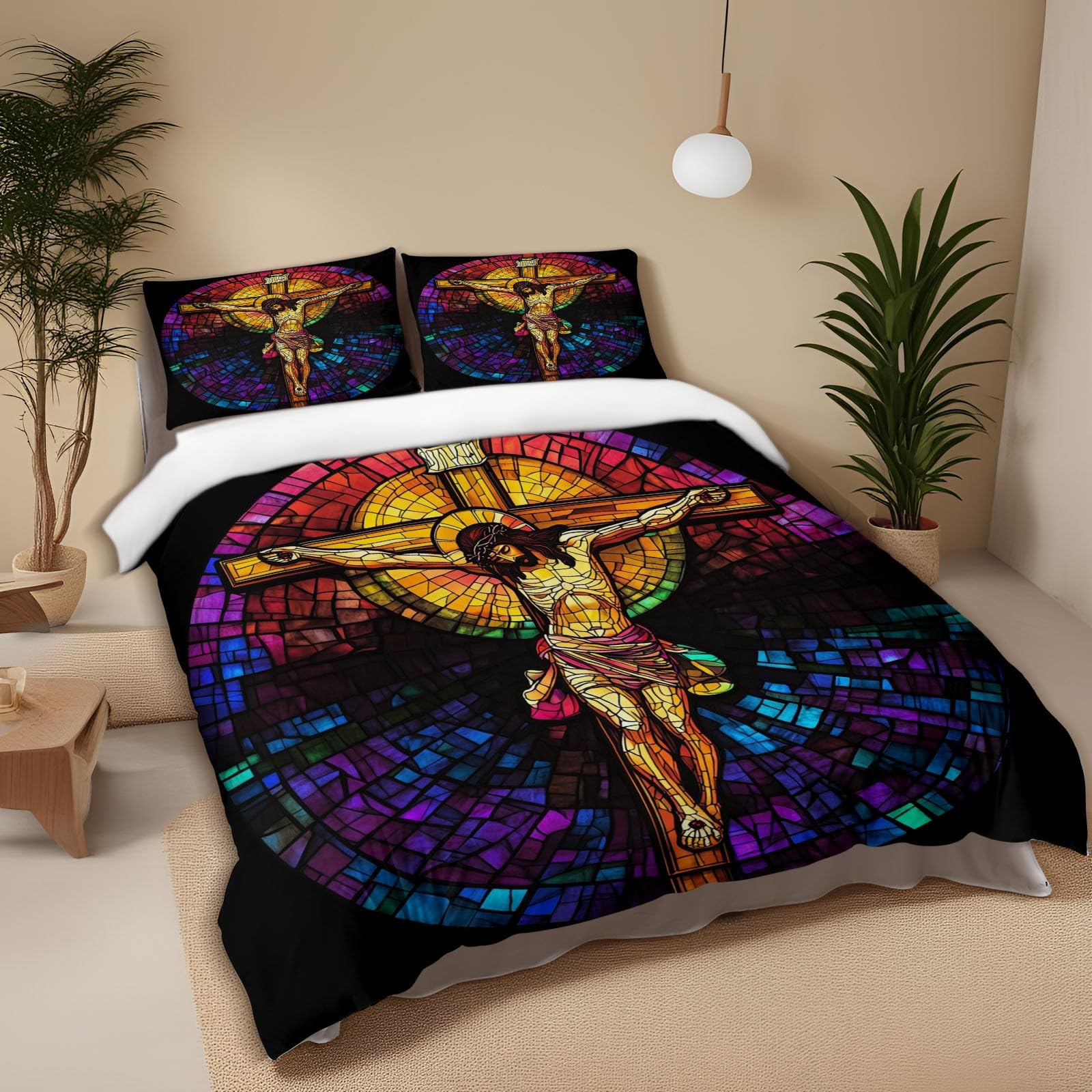 Parure de lit 3 pièces en microfibre douce motif croix en vitrail 220x240cm
