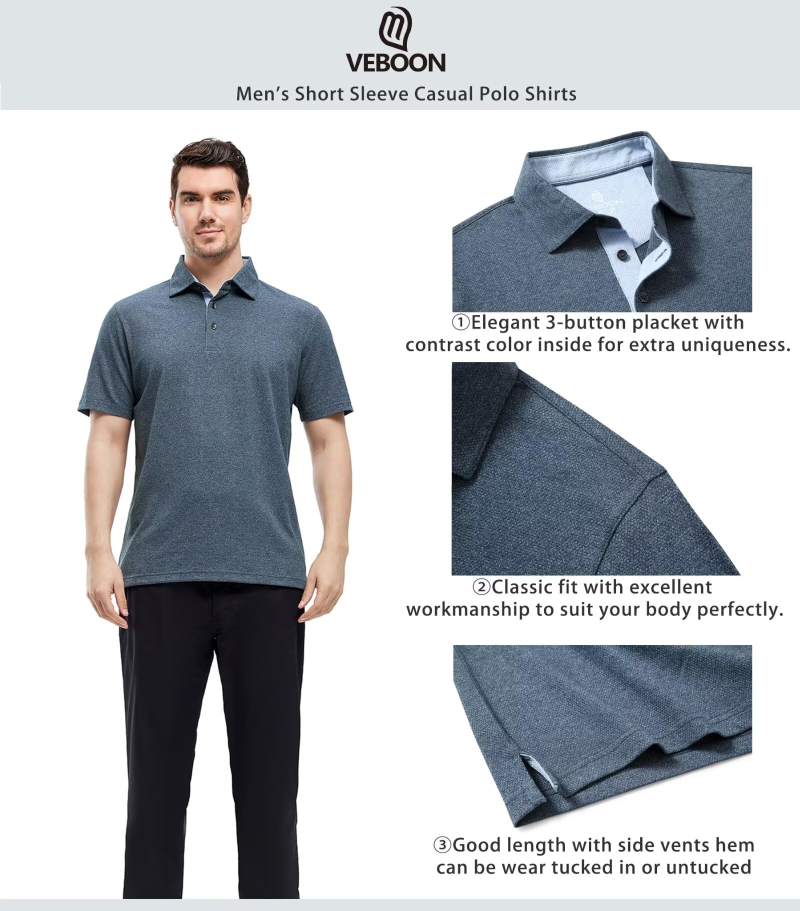 VEBOON Herren Poloshirts Kurzarm Baumwollmischung Heather Moisture Wicking Casual Collared Shirts