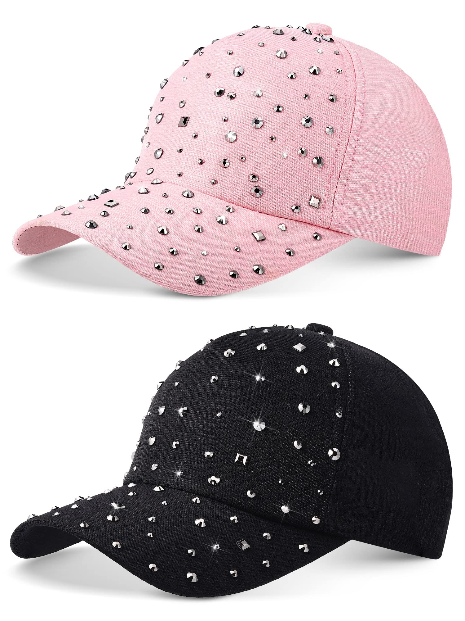 Loopeer2 Pcs Adjustable Breathable Rhinestone Baseball Cap for Women Men Sequins Casual Sports Cap Rhinestone Hat