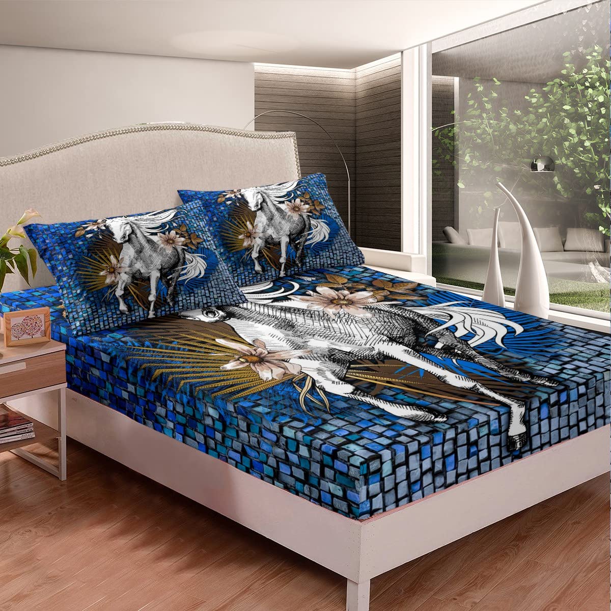 Juego de Ropa de Cama de Caballo Blanco Sábana de Cama de Caballo galopante Sábanas de Cama de geometría a Cuadros Azules Florales para niños Niños Niños Niñas Juego de sábanas de Microfibra