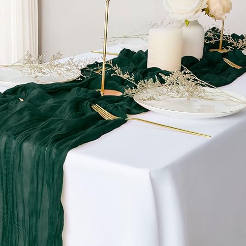 Paquete de 2 caminos de mesa de gasa verde oscuro, camino de mesa de gasa de 10 pies, manteles rústicos de quesos de boda, decoración para banquetes
