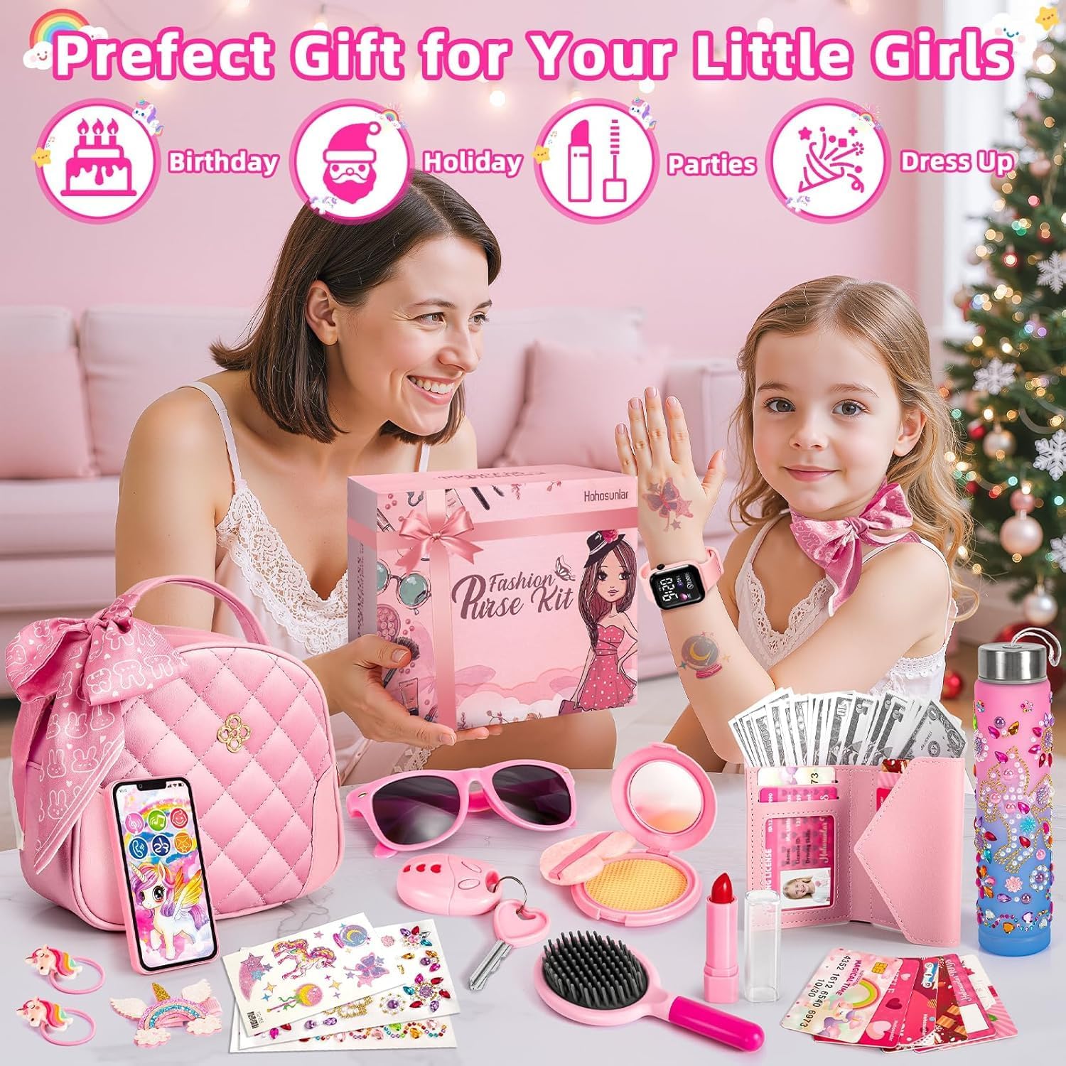 Hohosunlar Play Purse for Girls, Kids Handbag with Pretend Makeup, DIY Unicorn Water Bottle, Princess Toy Phone, Watch, Wallet, Cards, Christmas Birthday Gift for Girls Toddler Ages 3-12