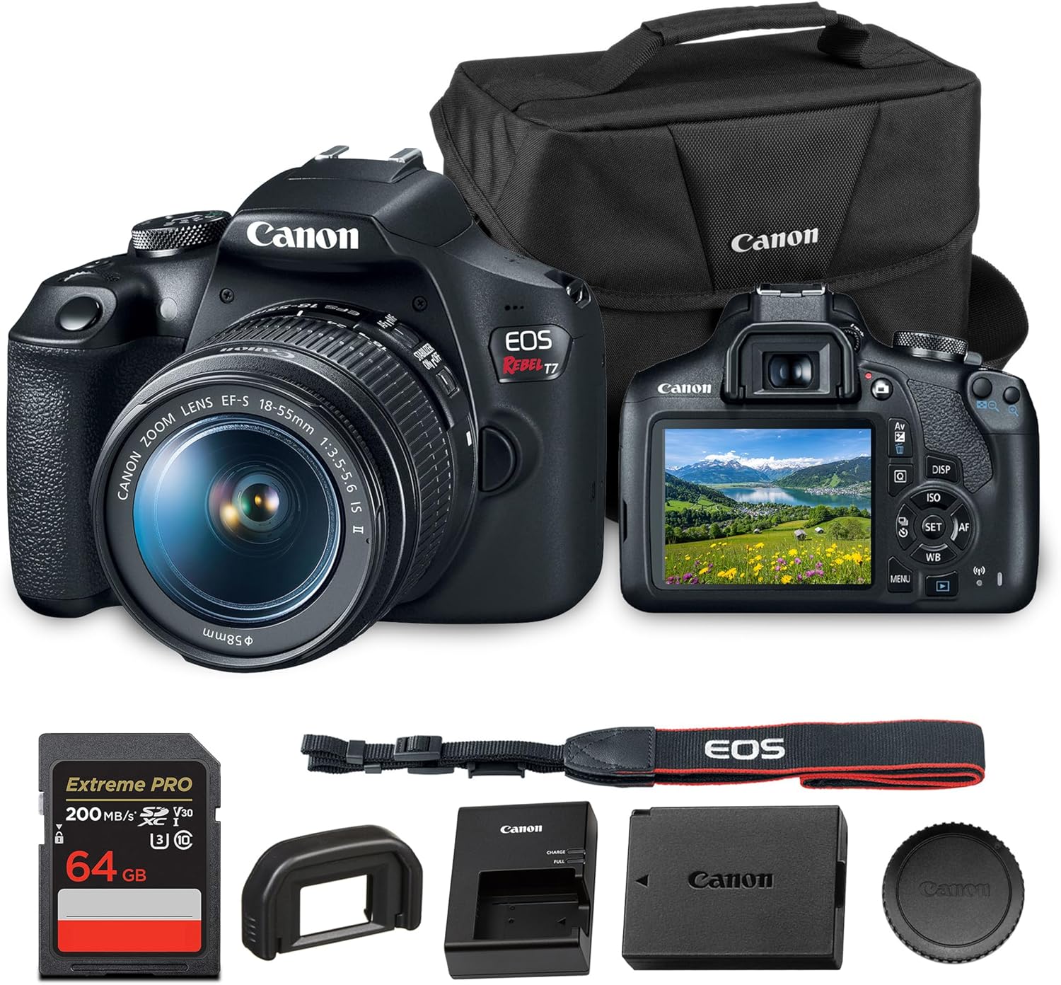 Canon EOS Rebel T7 DSLR Camera | 24.1MP APS-C CMOS Sensor with DIGIC 4+ Image Processor | Built-in Wi-Fi & NFC | EF Lens Compatible Beginner Photography Camera Kit with Shoulder Bag and 64GB Card