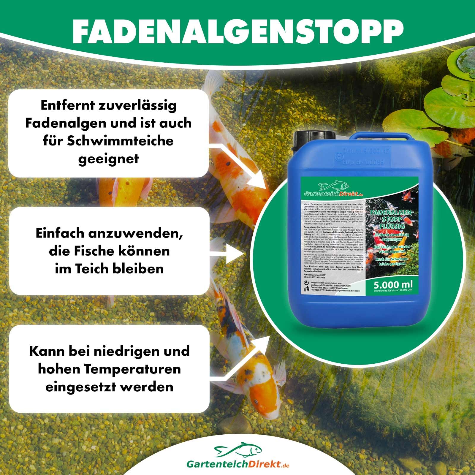 Gartenteich-Direkt Fadenalgen-Stopp FLÜSSIG für den Gartenteich (Schnelle Wirkung, entfernt zuverlässig Fadenalgen, Algen, Vernichter und Fadenalgenentferner), Größe:5 L